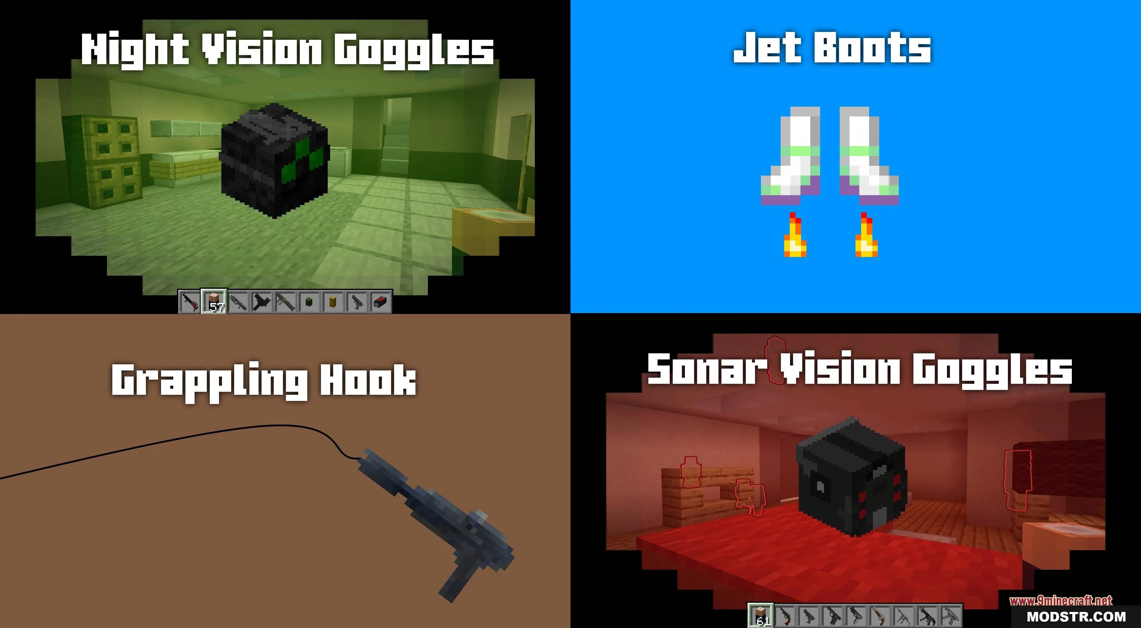 Guns Gadgetery & Mission Editor Data Pack Screenshot 2 Four panels showcasing spy gadgets like night vision goggles and jet boots