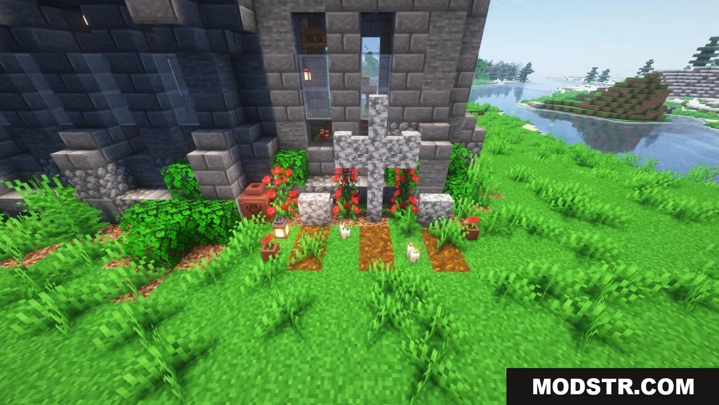 Hallowed Spires Crypt Mod Screenshot 3 A detailed stone cross and flower garden in a small church graveyard