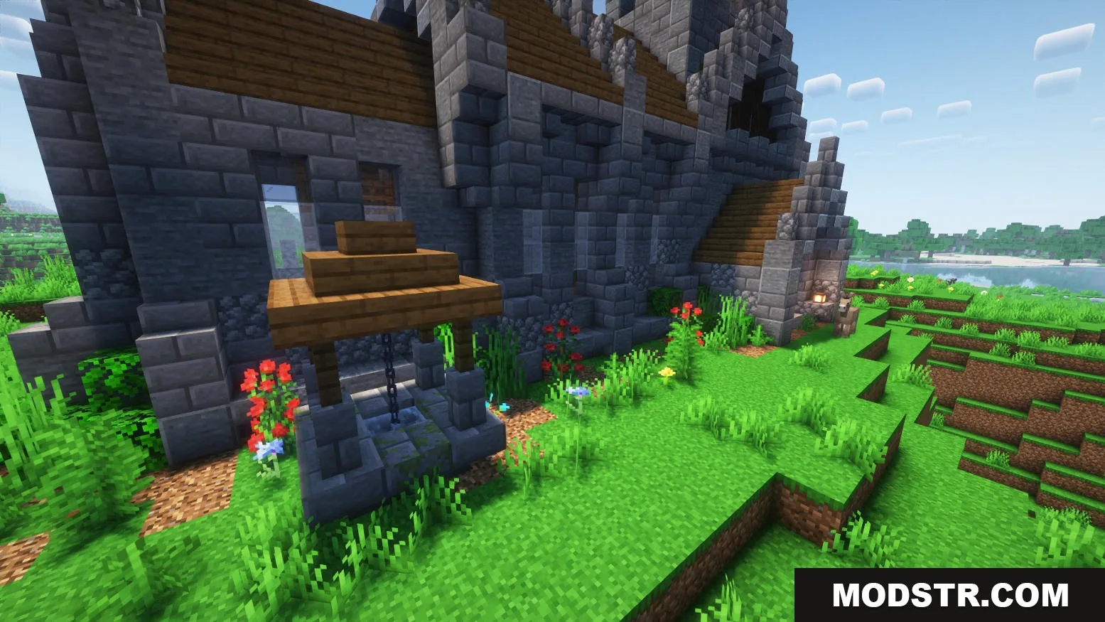 Hallowed Spires Crypt Mod Screenshot 1 A stone Gothic church exterior featuring a small wooden well and flowers