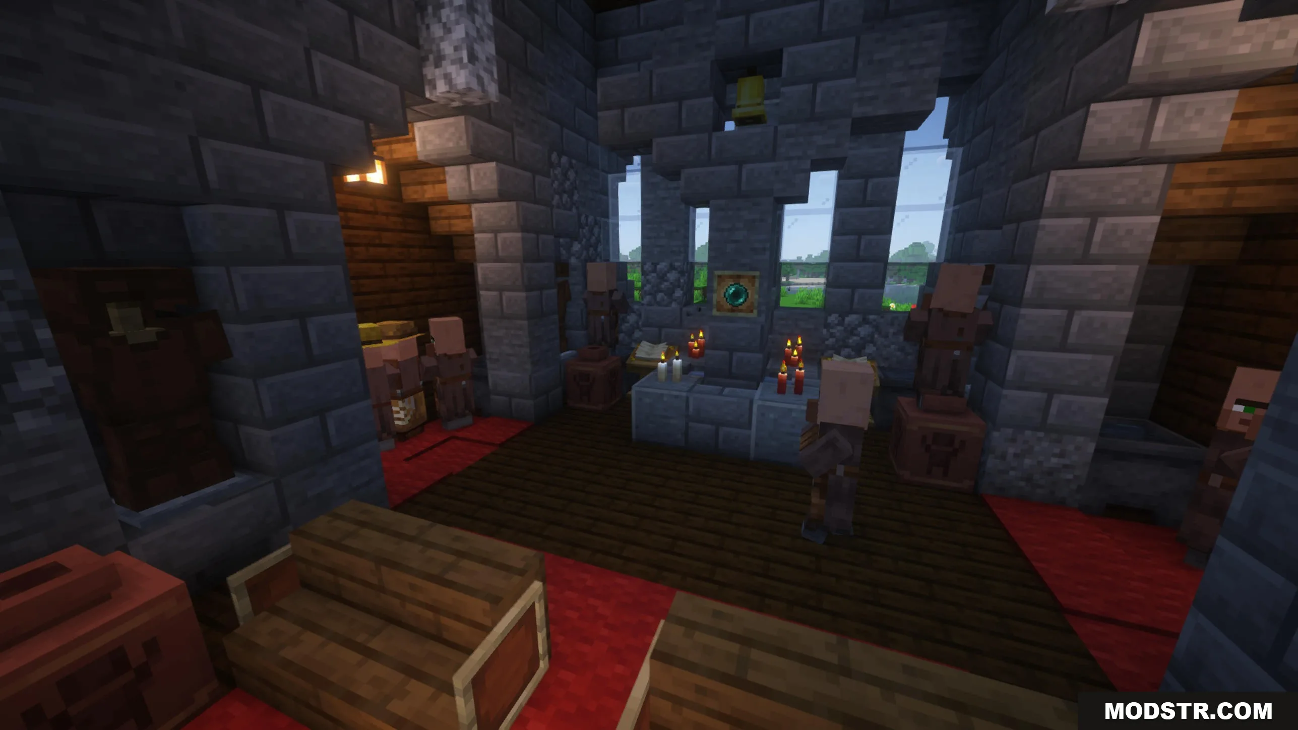 Hallowed Spires Crypt Mod Screenshot 5 Villagers standing inside a stone church with candles and a wooden floor