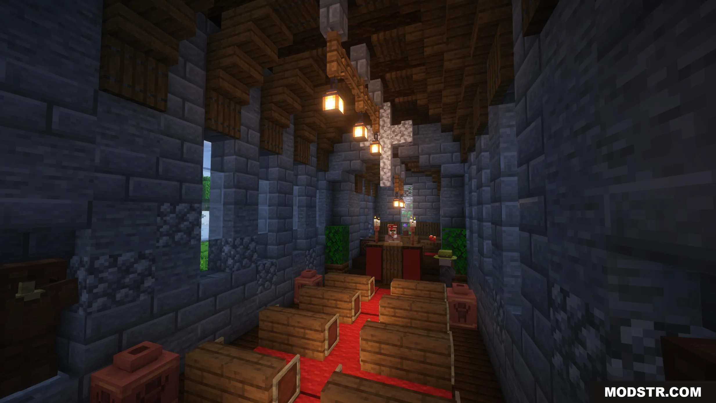 Hallowed Spires Crypt Mod Screenshot 2 The interior of a Gothic church with wooden pews and red carpet