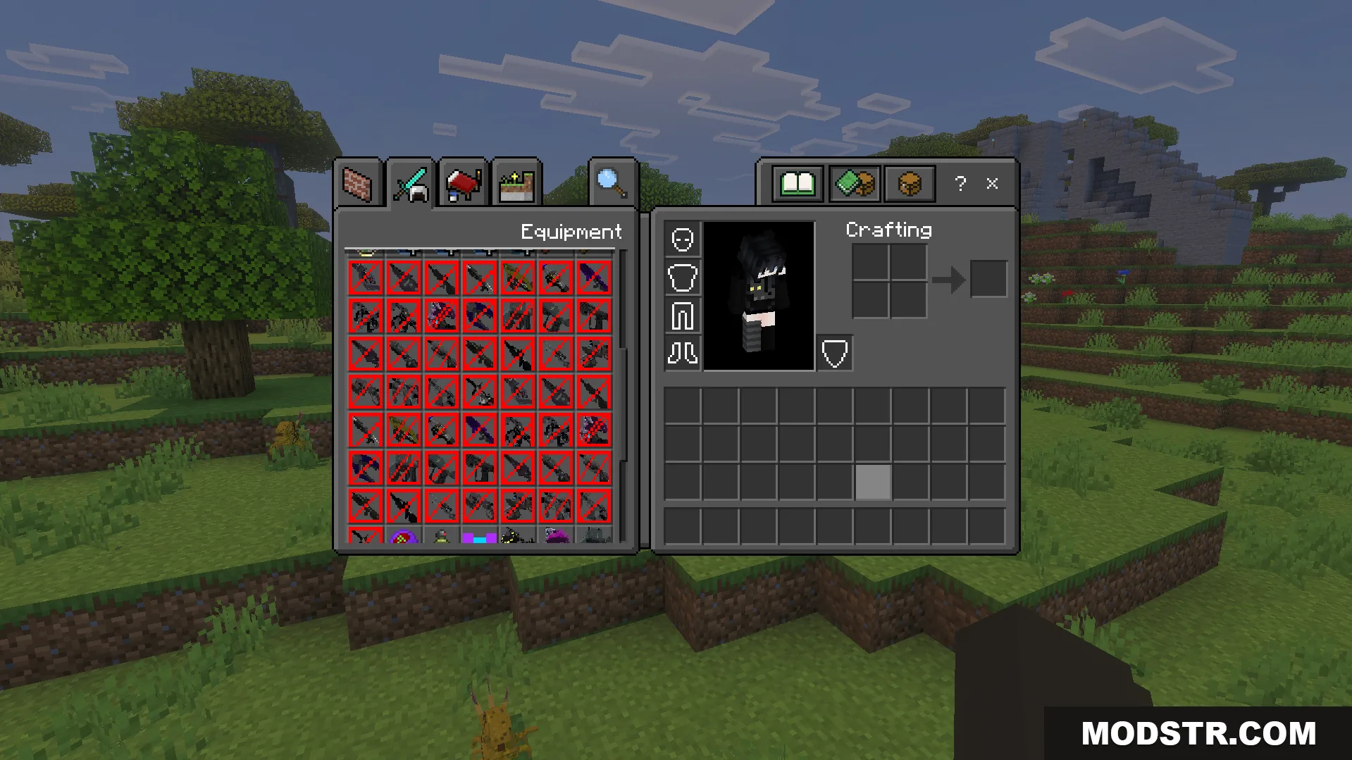 Player viewing the creative inventory filled with custom plasma weapons and armor