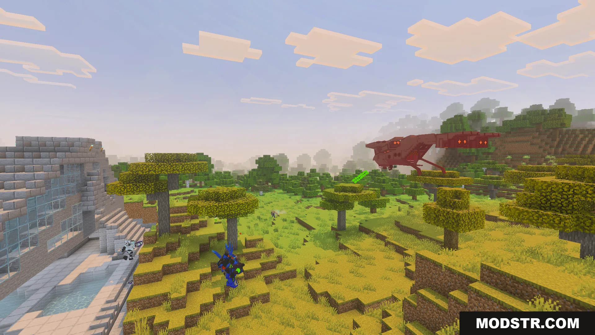 Red alien ship flying over structures and trees with Elites on ground