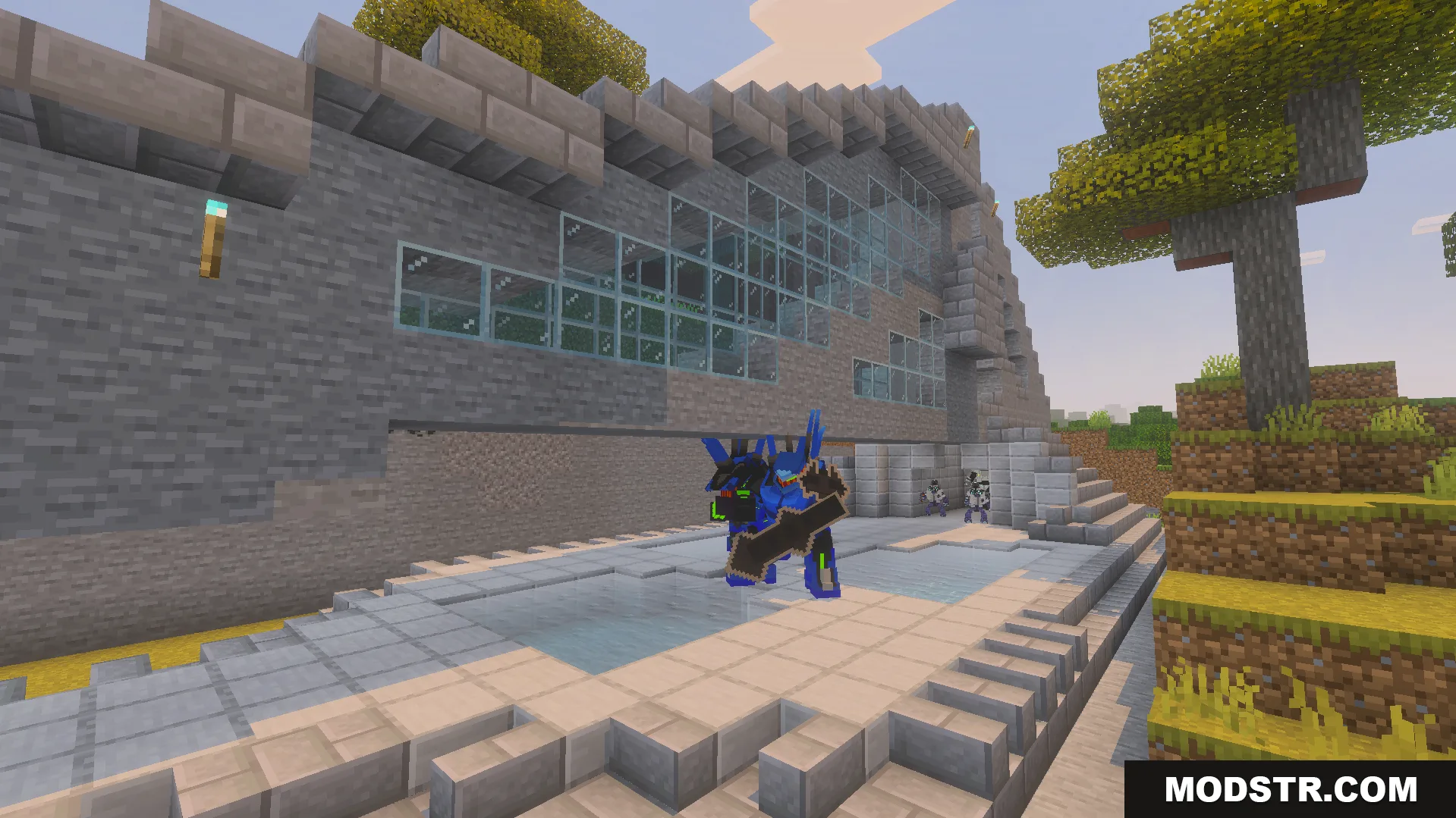 Blue armored Spartan holds a large weapon outside a stone base with glass