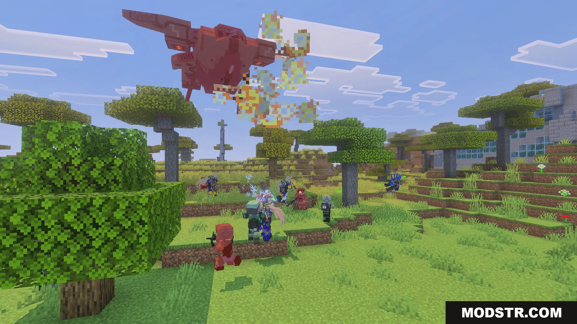 A red alien ship flies over soldiers in a Minecraft savanna biome