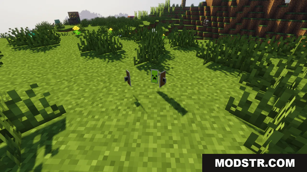 HD Shield Resource Pack Screenshot 13 Three shields featuring sharp high resolution patterns floating in a grassy field
