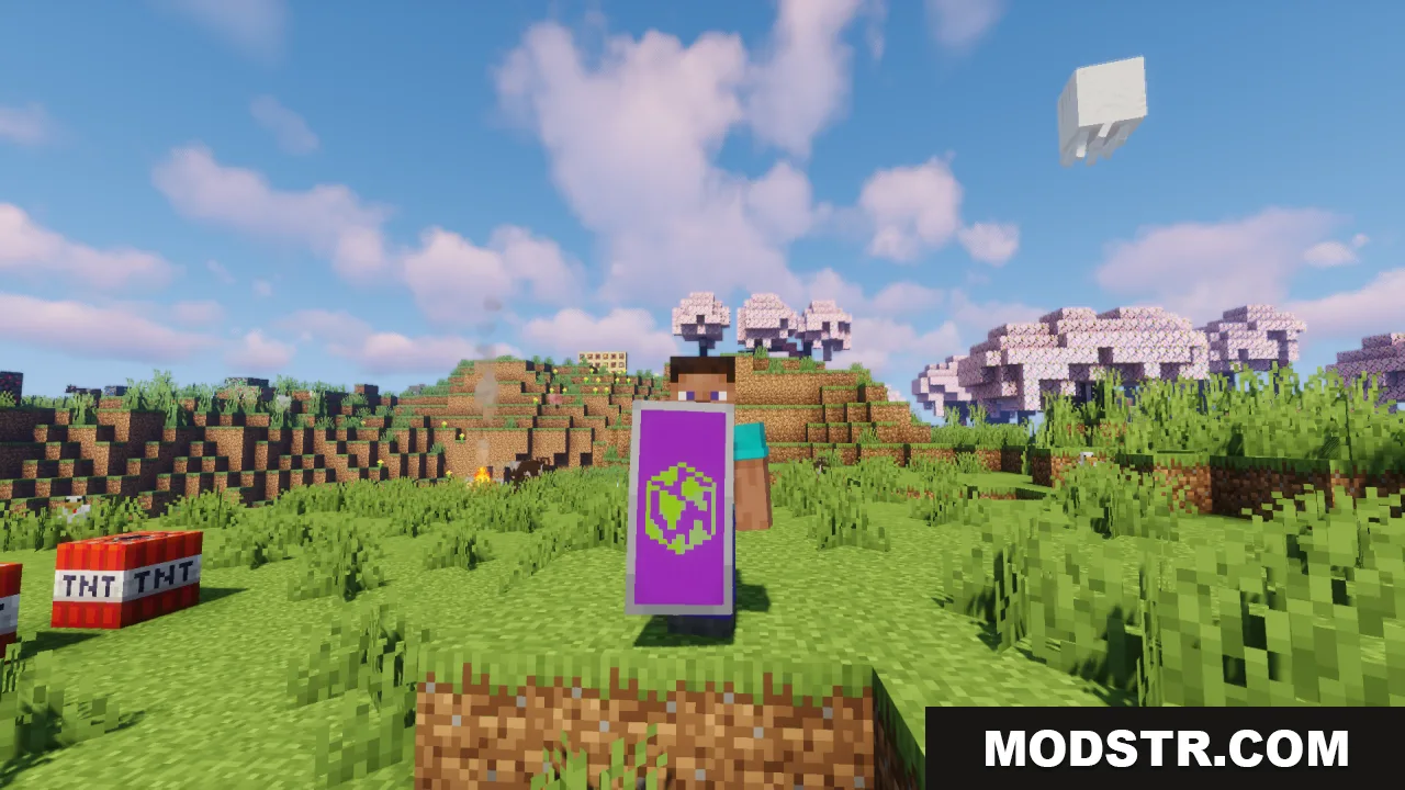 HD Shield Resource Pack Screenshot 3 A Minecraft player holding a purple shield with a green globe pattern