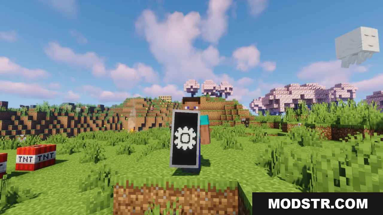 HD Shield Resource Pack Screenshot 4 A Minecraft player holding a black shield with a white gear pattern