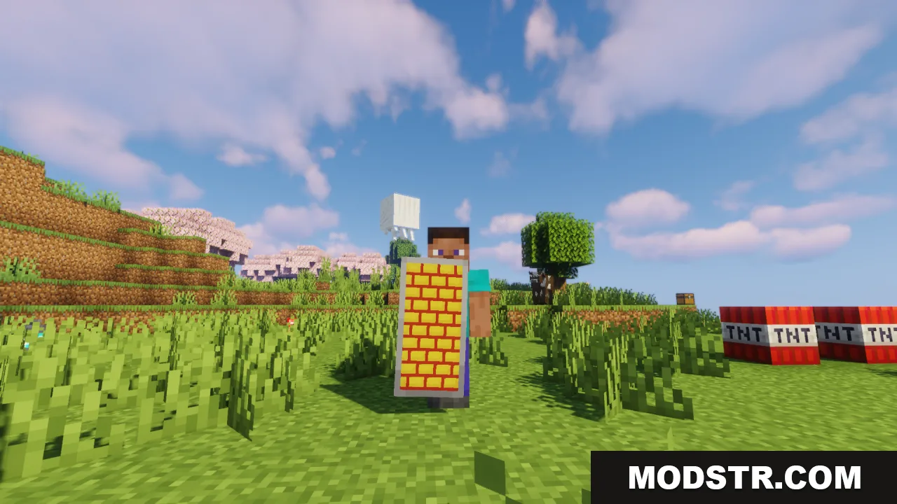 HD Shield Resource Pack Screenshot 10 A player holding a shield with a high resolution brick pattern design
