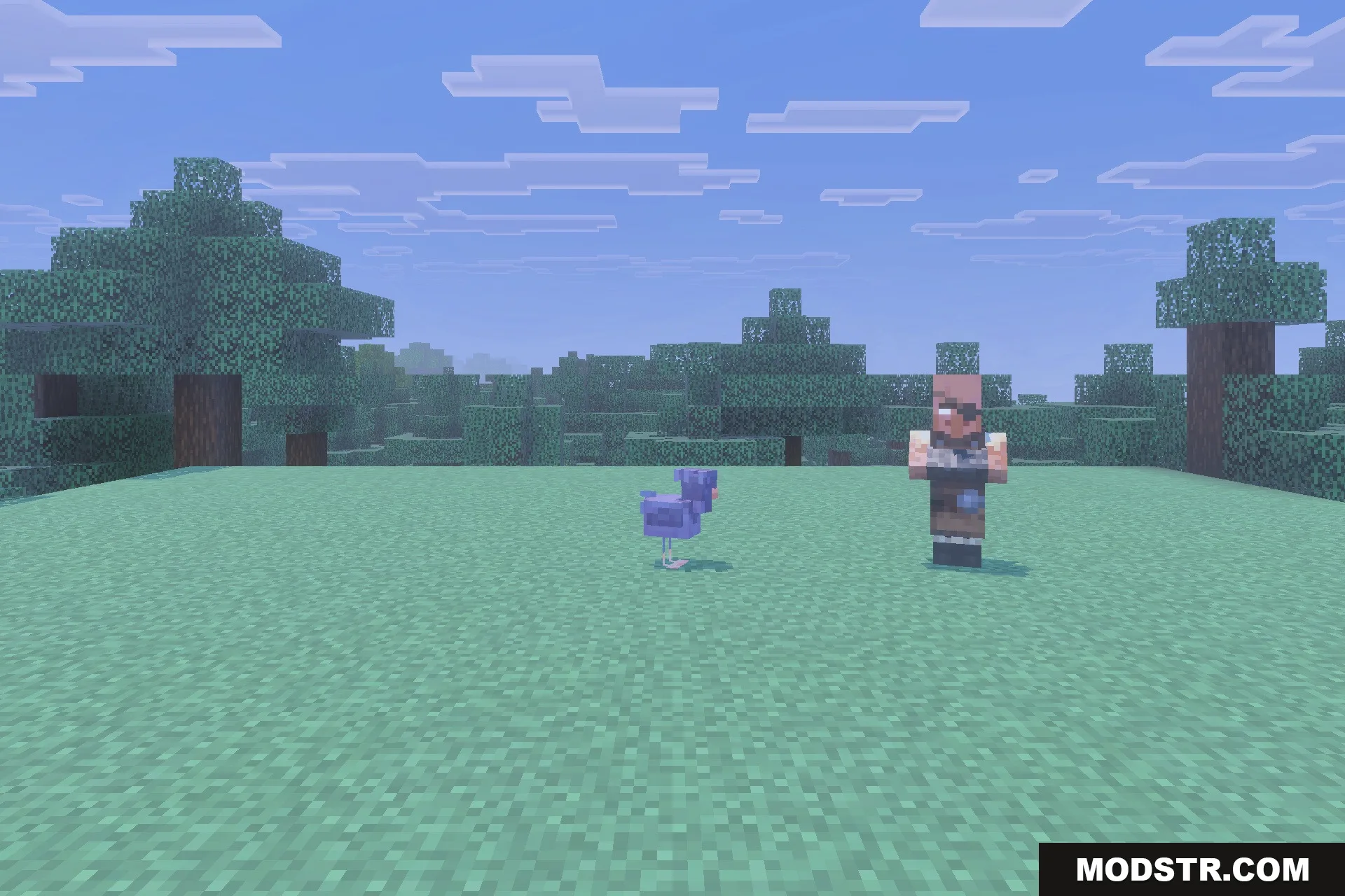 Herobrine Lurking Addon Screenshot 3 A possessed villager with glowing white eyes stands near a purple chicken on grass