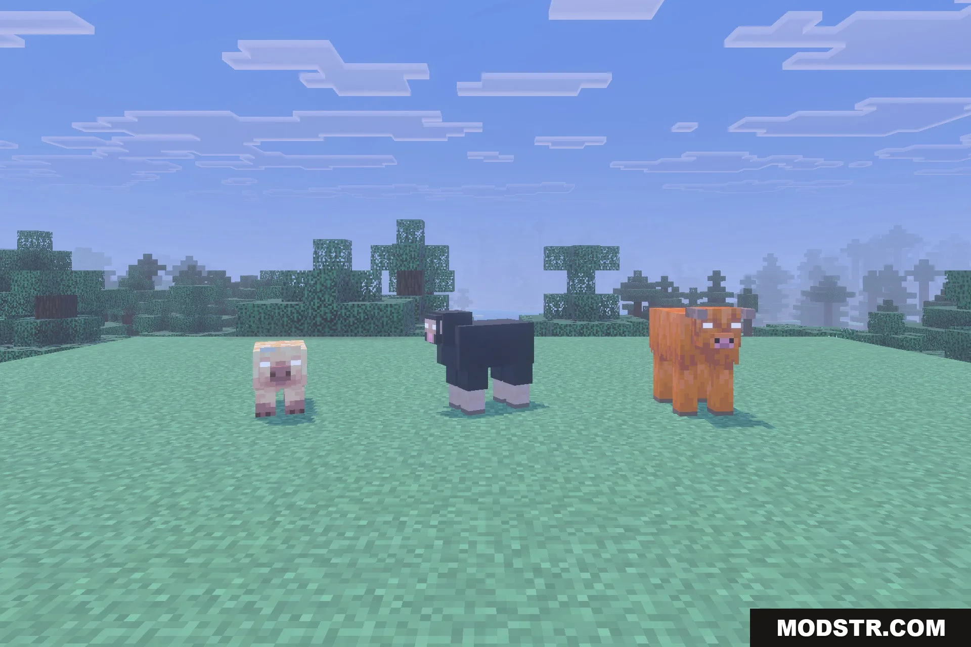 Herobrine Lurking Addon Screenshot 2 Possessed animals with glowing white eyes standing together on a flat grassy plain