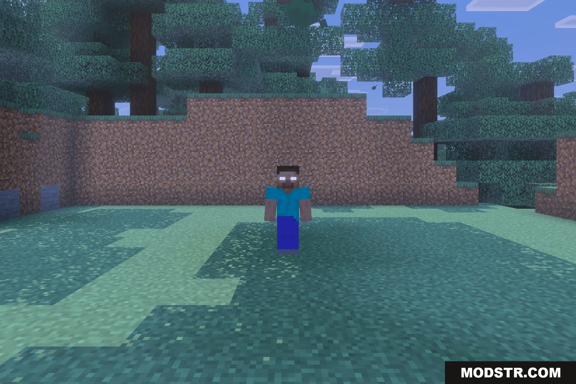 Herobrine Lurking Addon Screenshot 4 Herobrine with glowing white eyes watches from a dirt wall in the forest