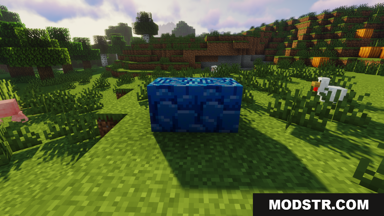 Highlighted Netherite Ancient Debris Jannik6879 Texture Pack Screenshot 3 A bright blue block placed on the grass near a chicken