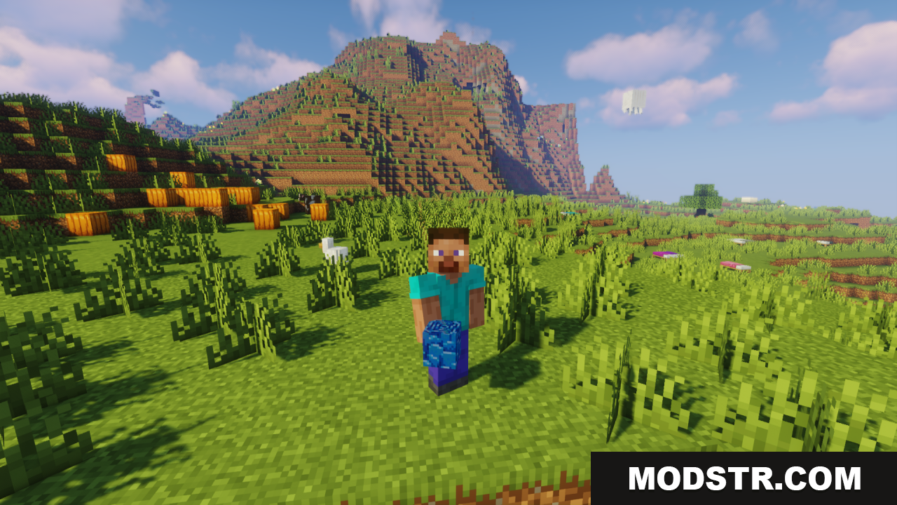 Highlighted Netherite Ancient Debris Jannik6879 Texture Pack Screenshot 2 Steve holding the blue block in a large open field