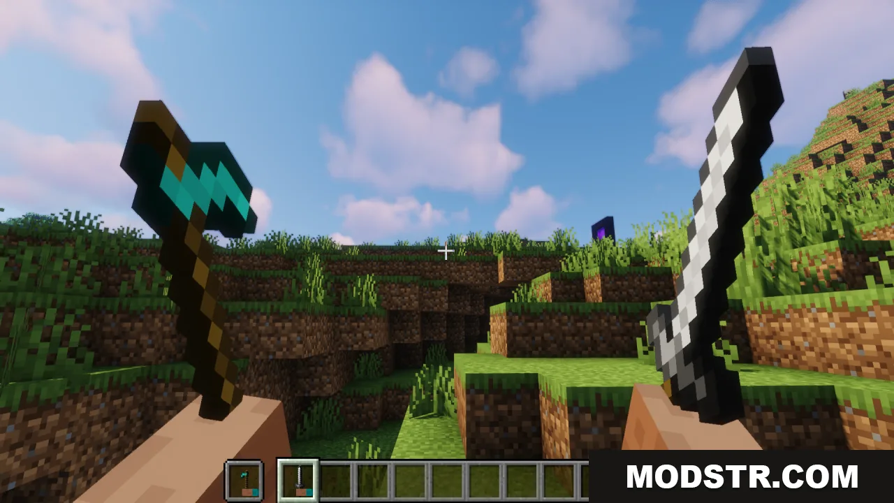 Hold in Hands Resource Pack Screenshot 1 First person view showing player hands gripping a diamond pickaxe and iron sword