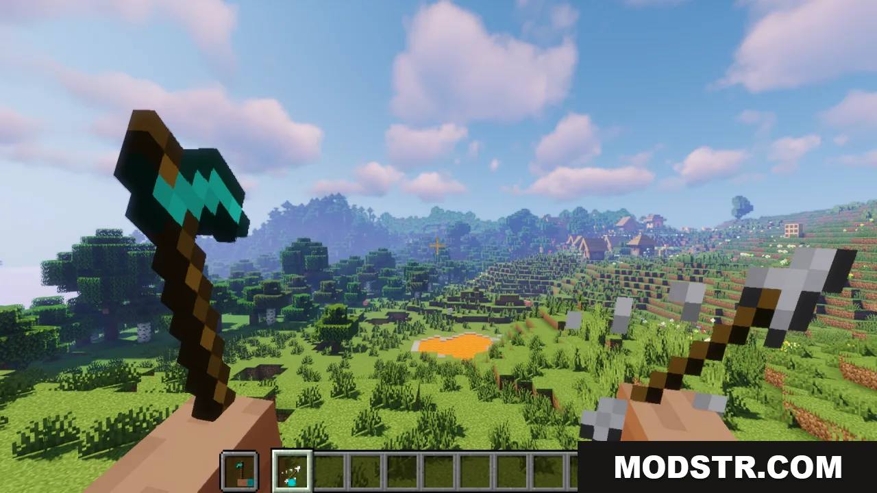 Hold in Hands Resource Pack Screenshot 6 Player in first person view holding diamond axe and arrow with visible hands