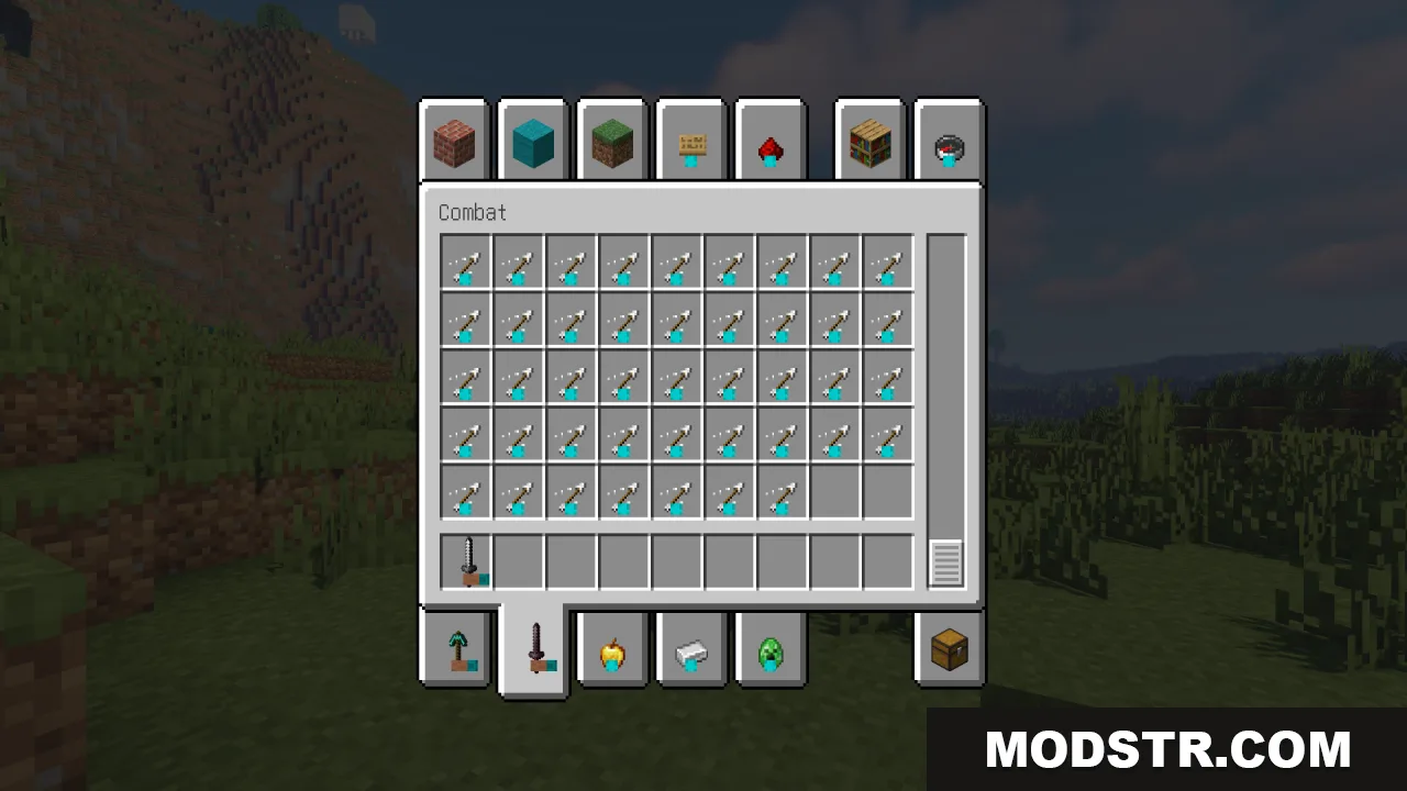 Hold in Hands Resource Pack Screenshot 5 Minecraft creative inventory showing combat tab filled with many custom arrows