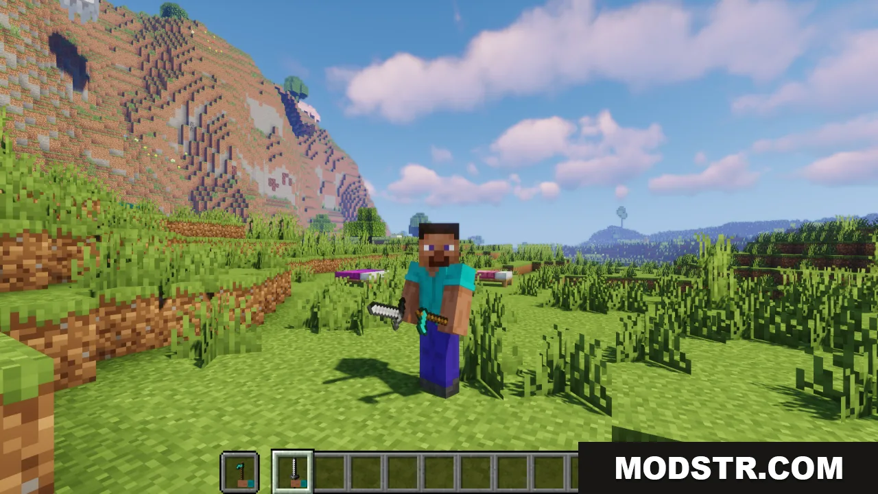 Hold in Hands Resource Pack Screenshot 2 Third person view of Steve holding an iron sword and a diamond pickaxe