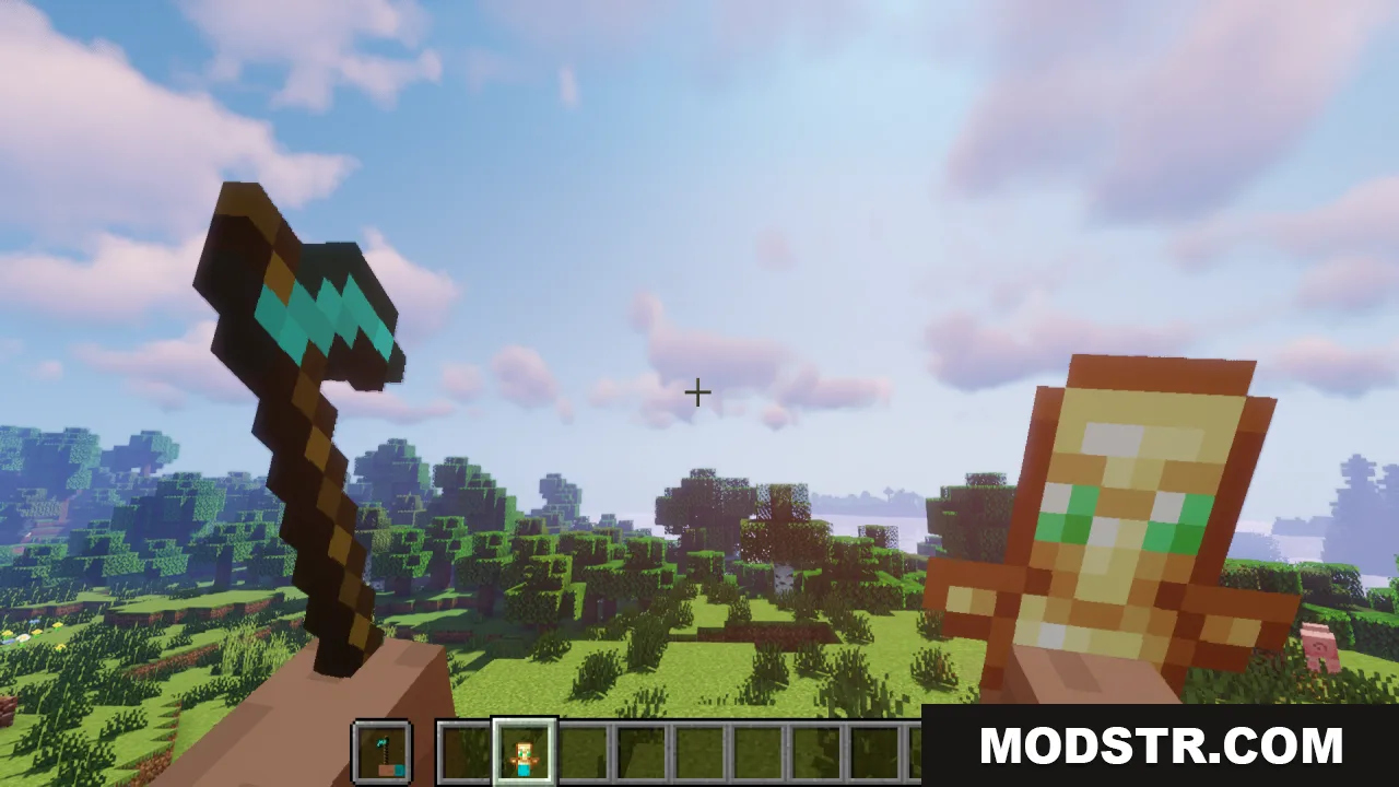 Hold in Hands Resource Pack Screenshot 8 Player holding a diamond hoe and a totem of undying with visible hands