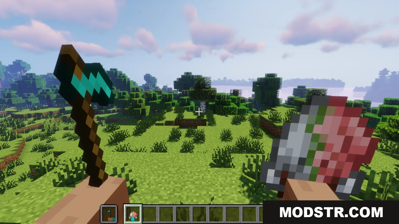 Hold in Hands Resource Pack Screenshot 15 Visible player hands gripping a diamond axe and raw beef in first person