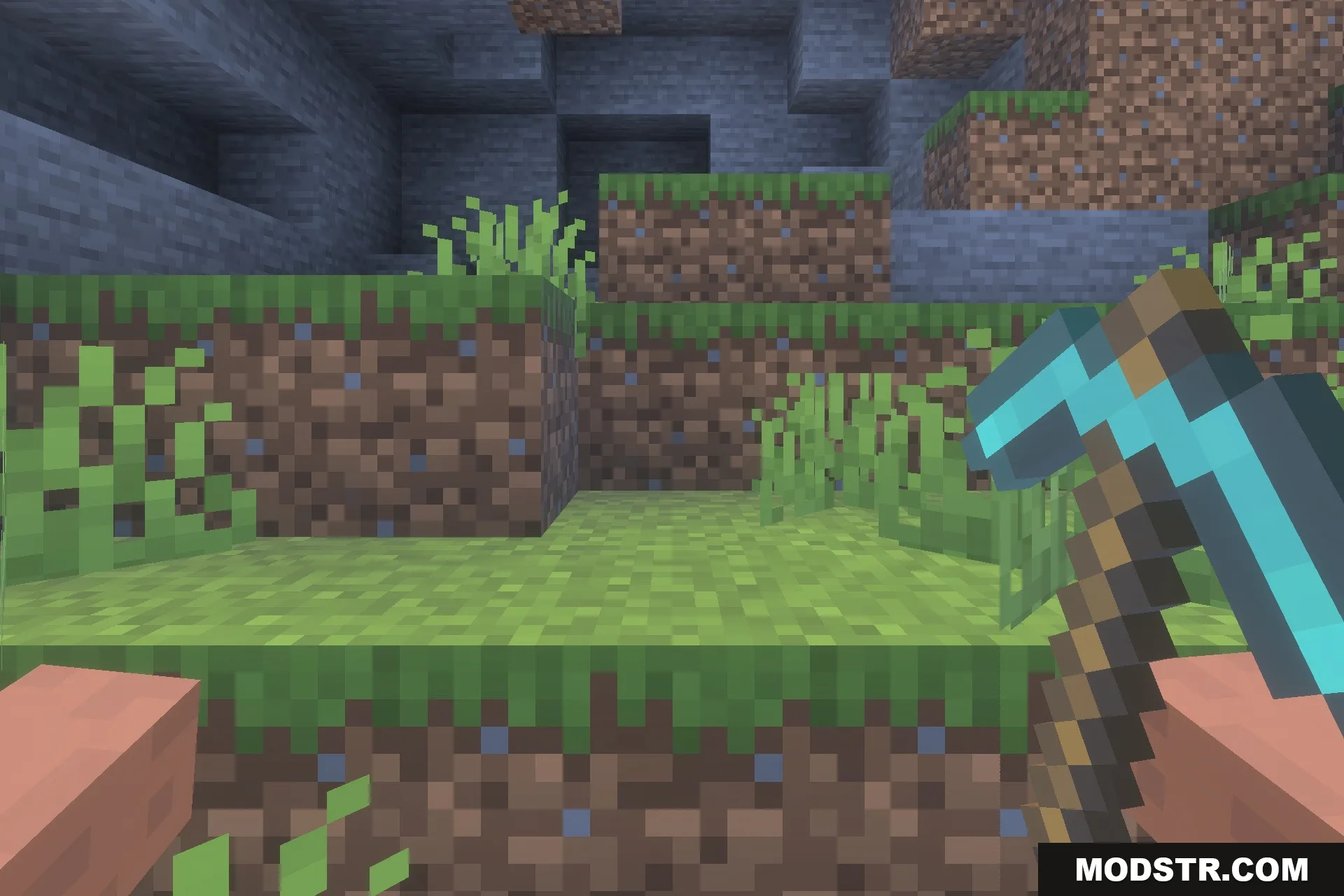 Hold My Items Bedrock Texture Pack Screenshot 5 A player holding a diamond pickaxe in a grassy Minecraft world area