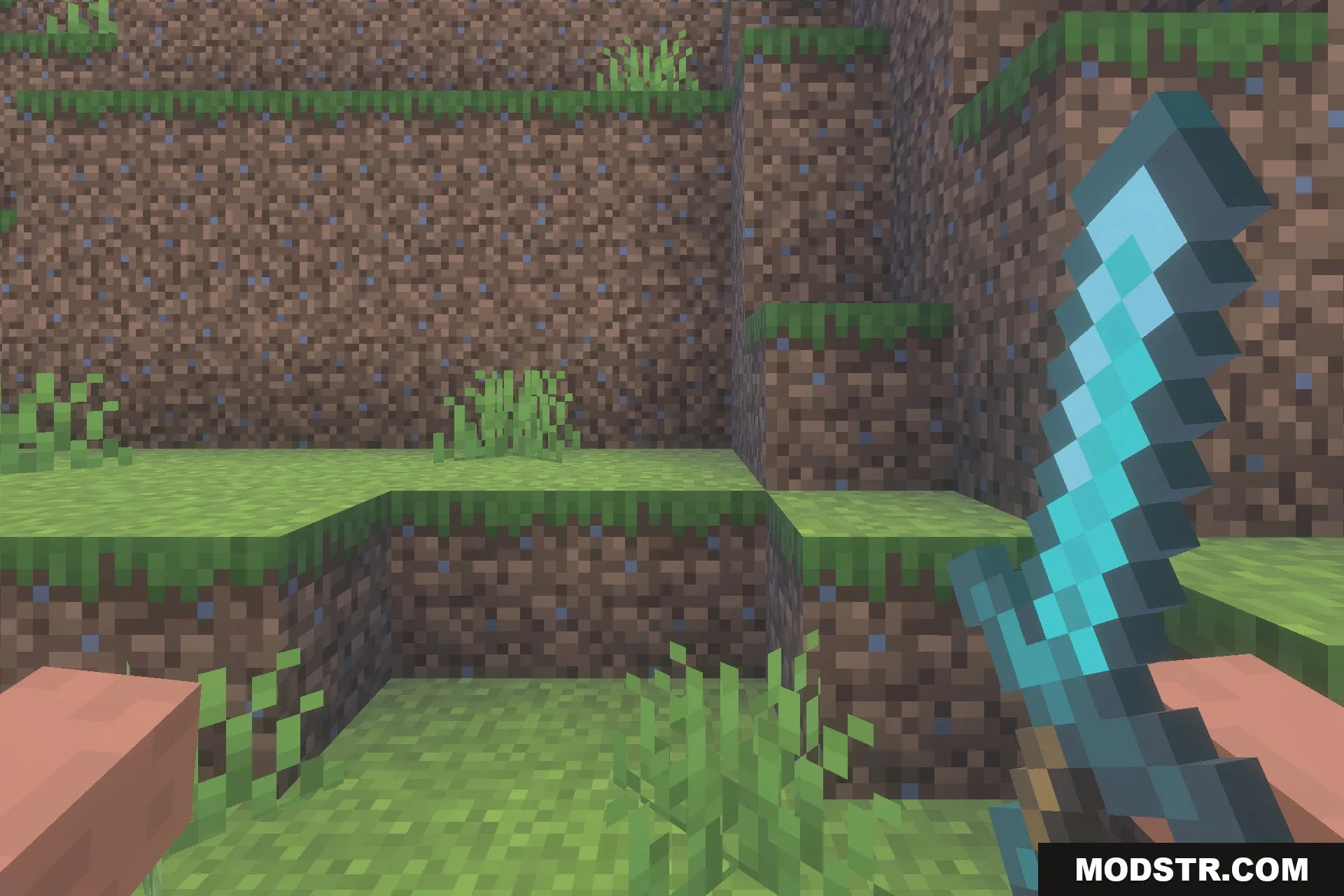 Hold My Items Bedrock Texture Pack Screenshot 3 A player holding a diamond sword with the Hold my items Bedrock mod