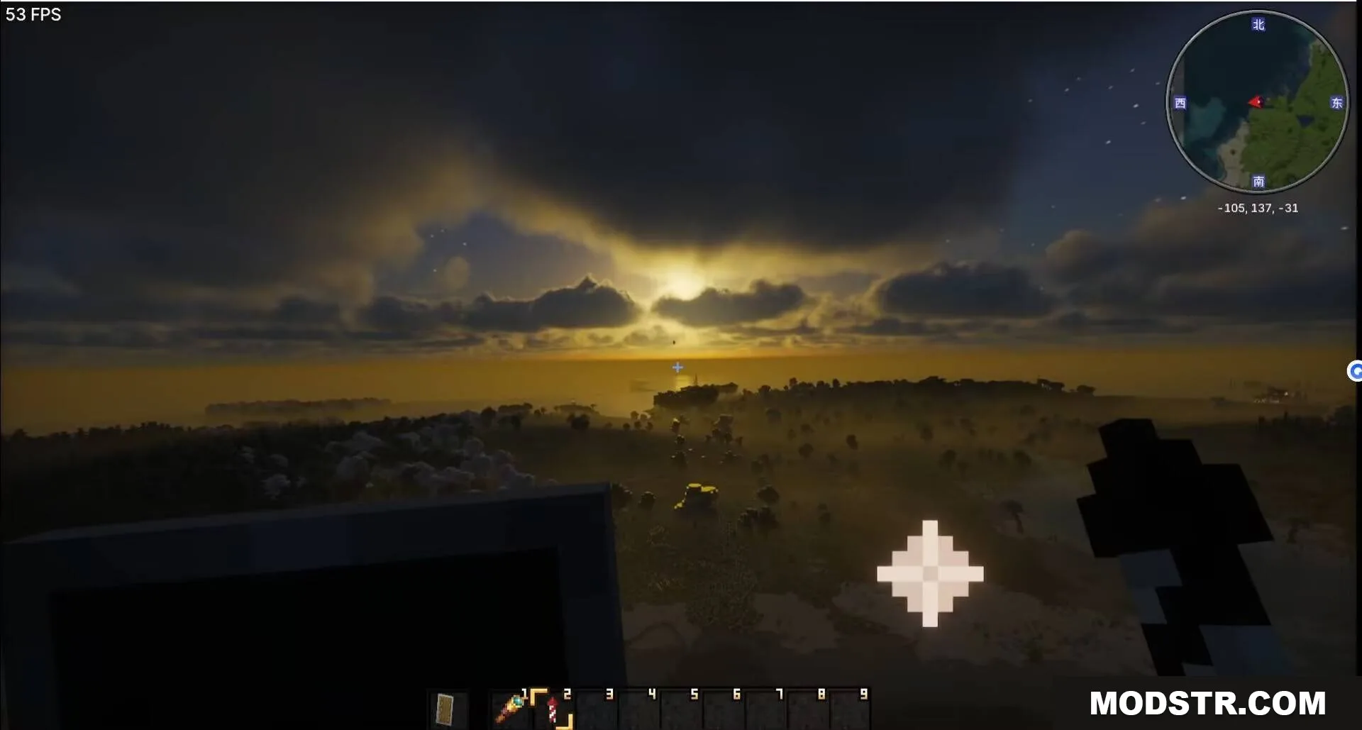 Horizon Reach Render Mod Screenshot 3 Horizon Reach Render Mod displays distant terrain chunks during a dark sunset view