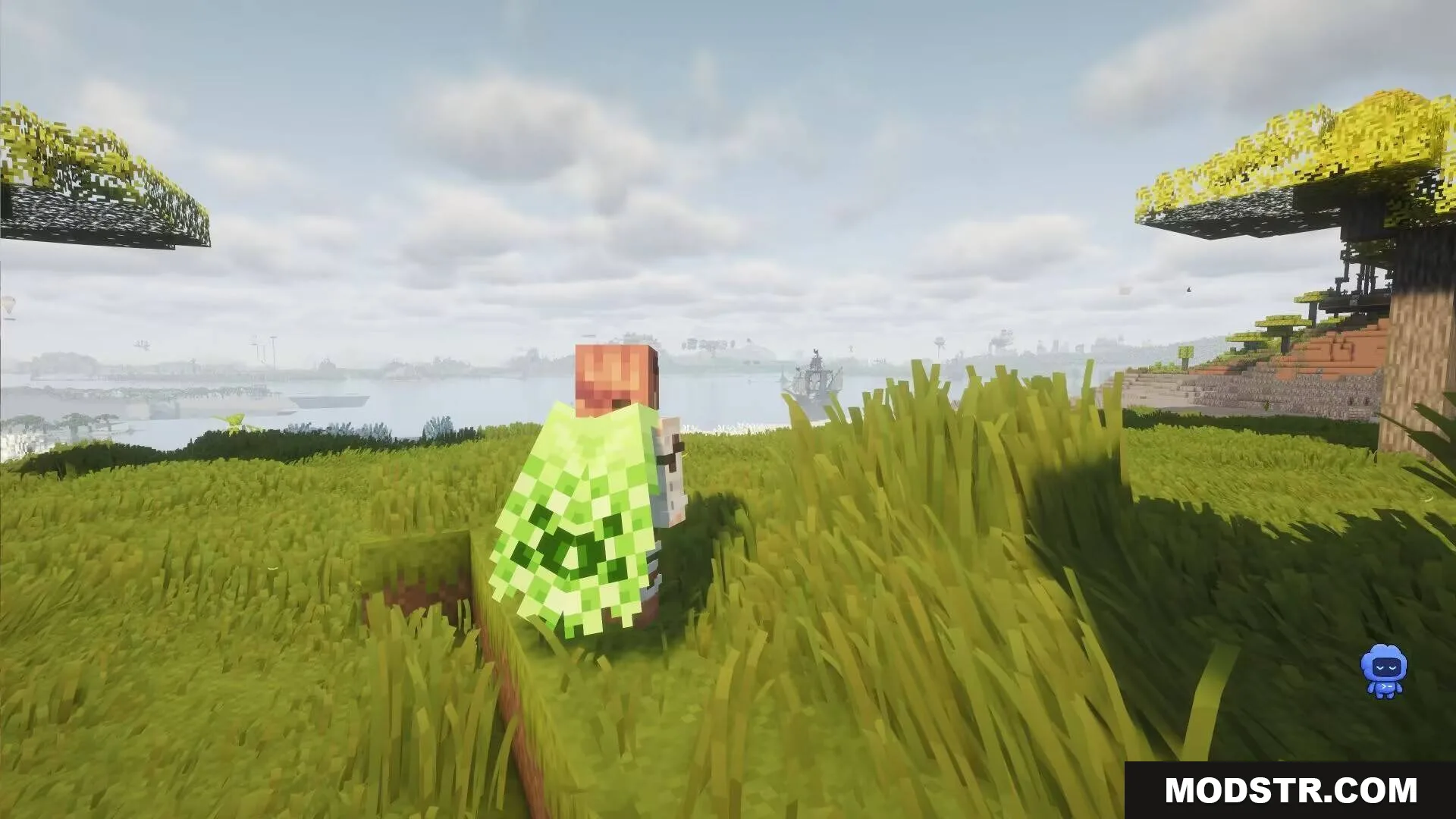 Horizon Reach Render Mod Screenshot 4 A player wearing a green creeper cape stands on a grassy hill