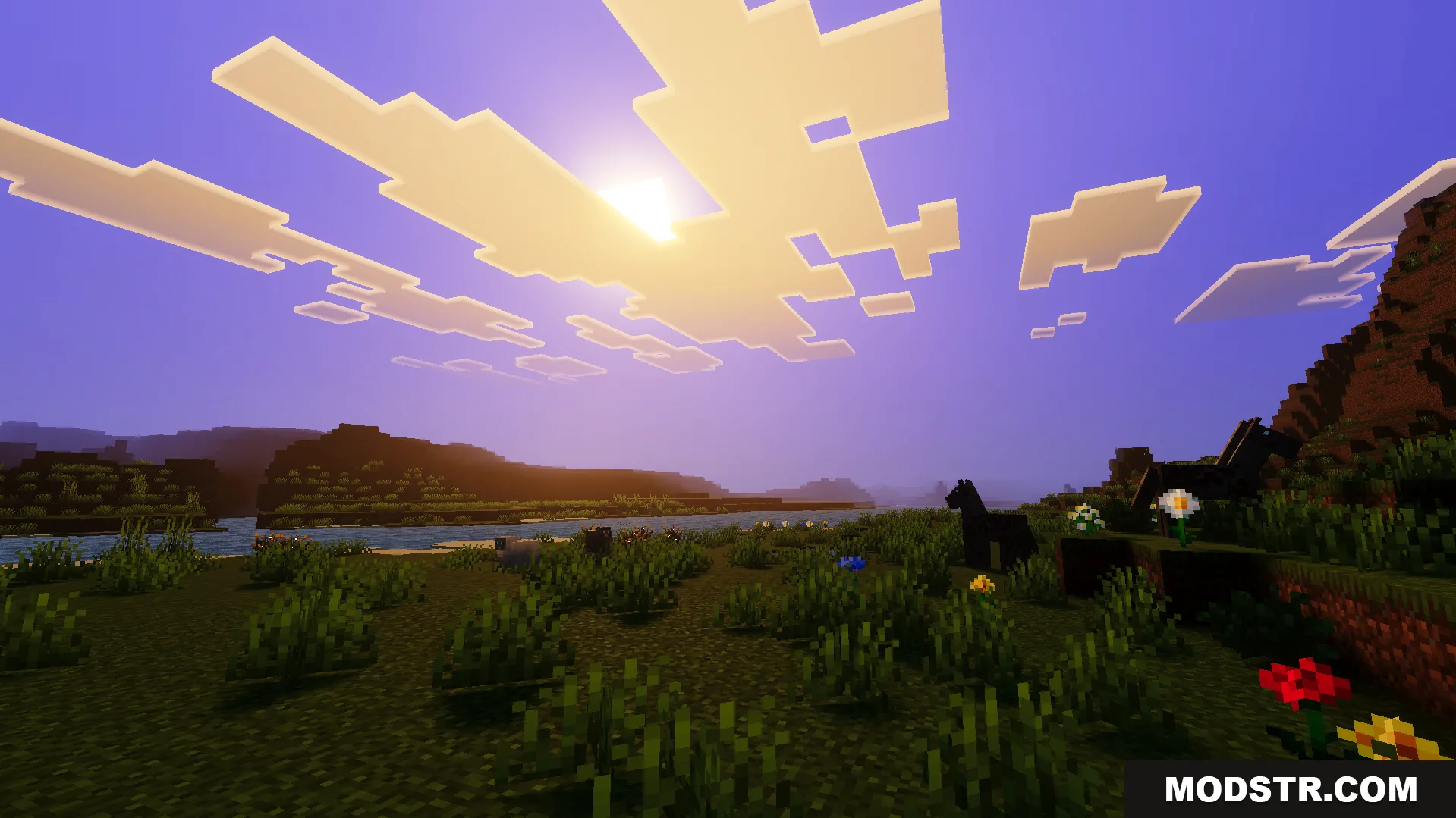 Howard Visual Shader Screenshot 8 Grassy landscape with flowers and animals under a bright sunlit sky