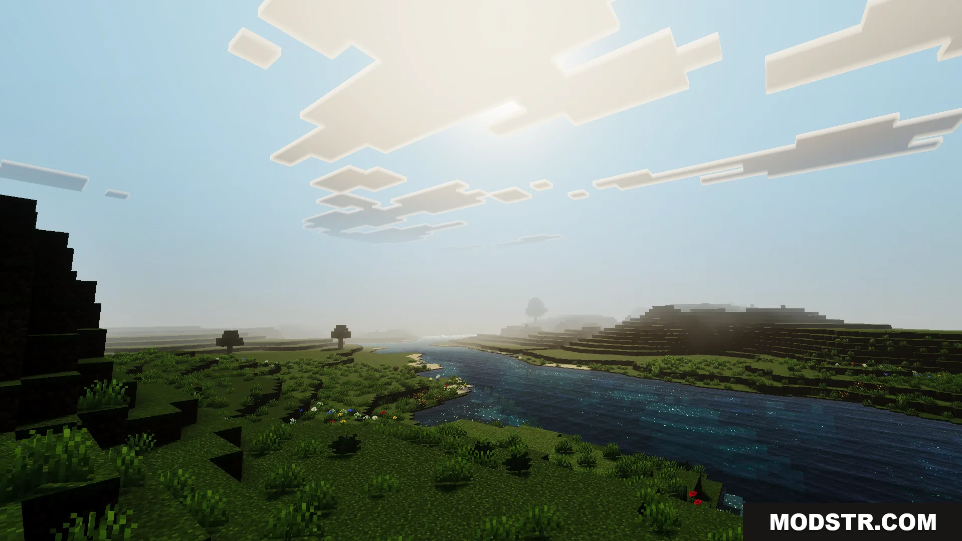 Howard Visual Shader Screenshot 4 Bright skies and clear distance views of a river flowing through green plains