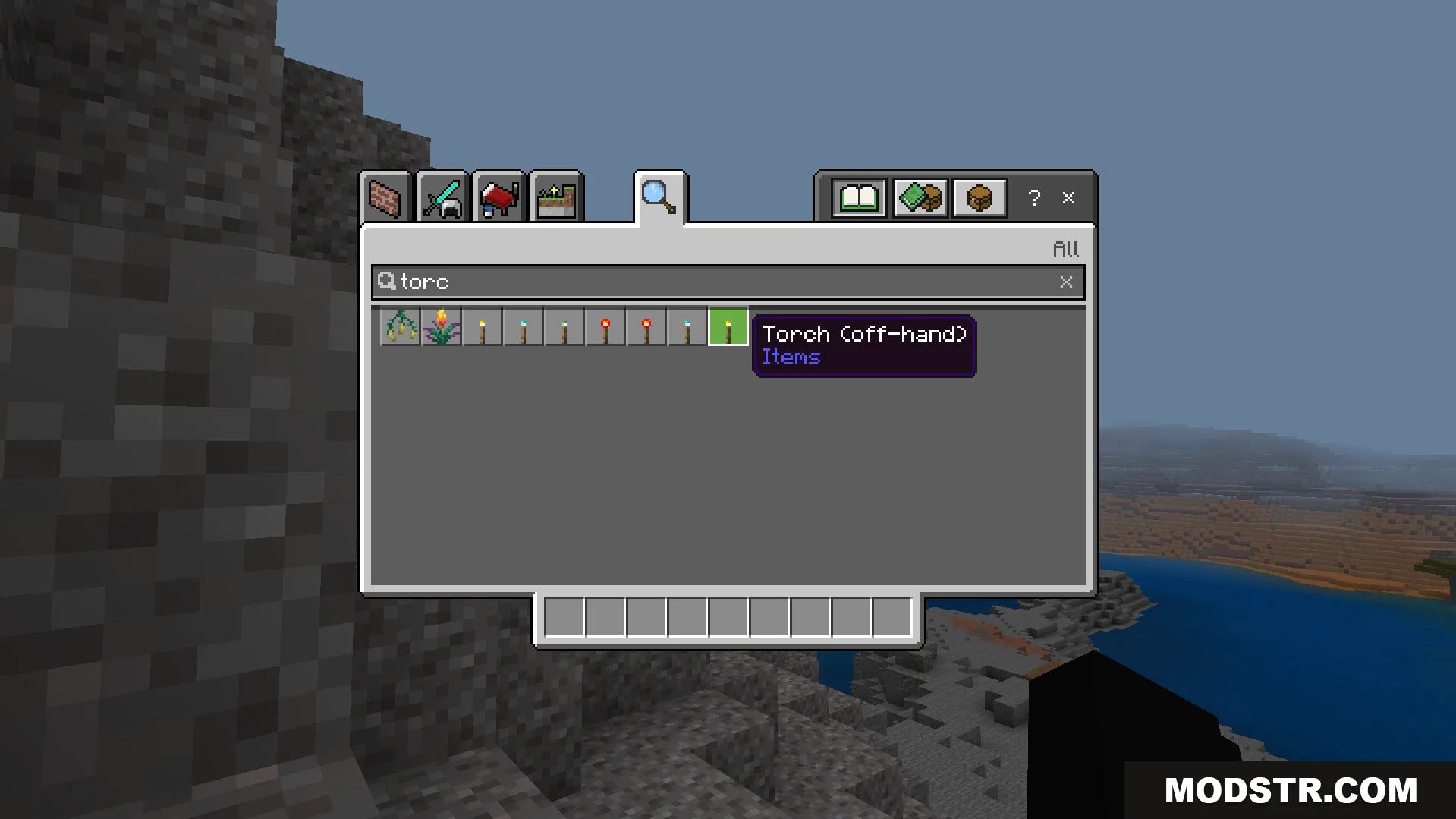 Howards Dynamic Light Plus Addon Screenshot 2 Searching for torch in creative inventory showing a custom off hand torch item