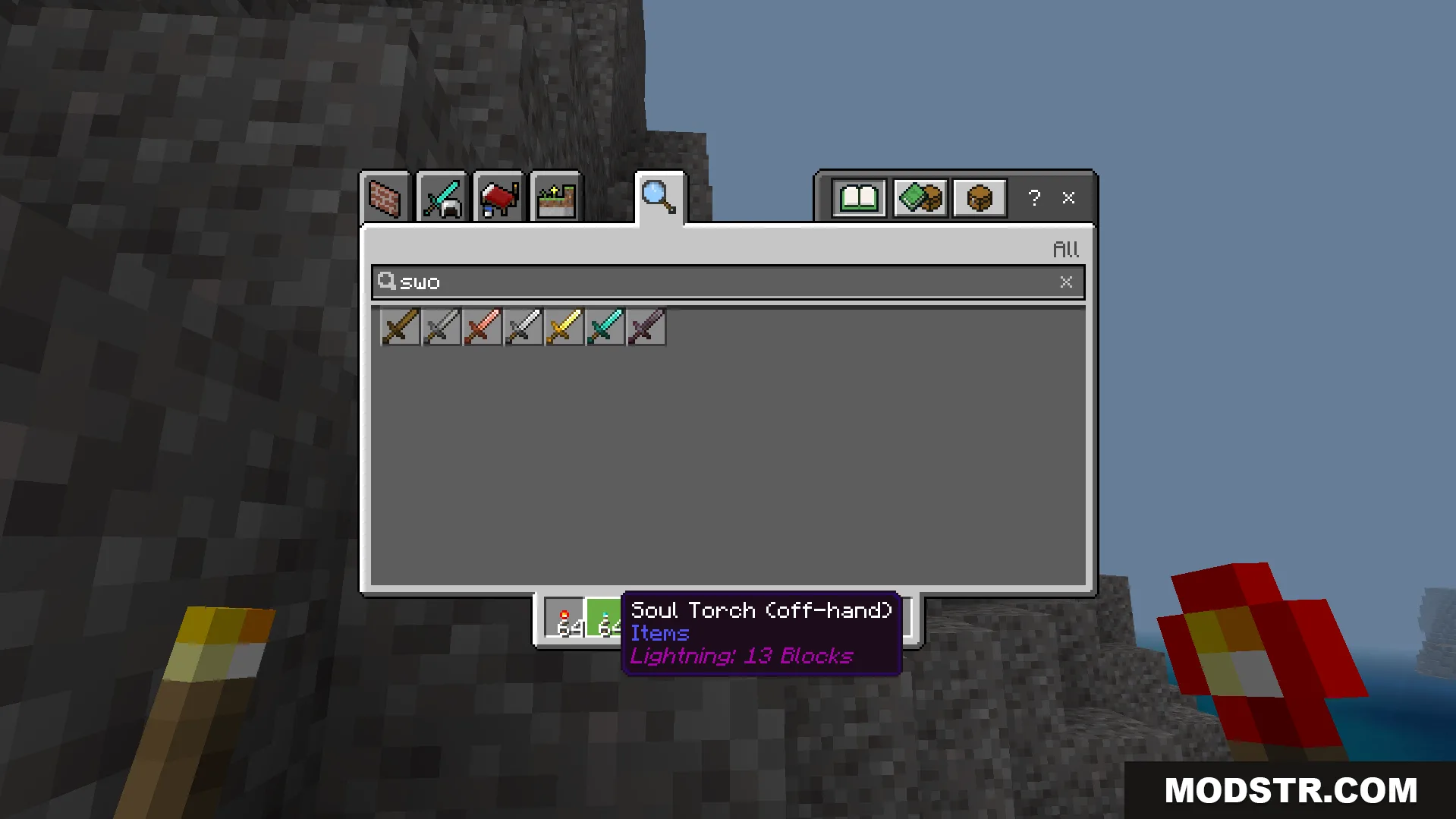 Howards Dynamic Light Plus Addon Screenshot 4 Creative inventory search results for swords with item tooltip