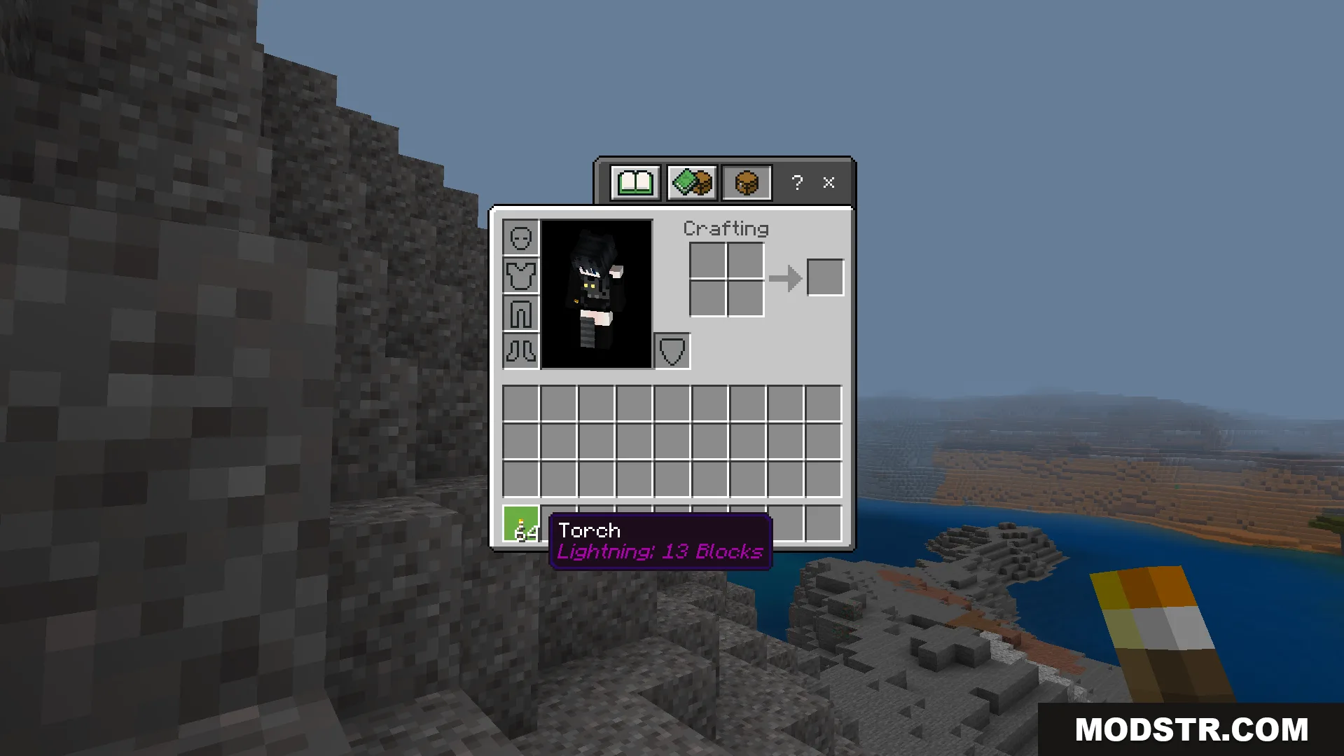 Howards Dynamic Light Plus Addon Screenshot 1 Player holding a torch with a custom tooltip showing light level in inventory