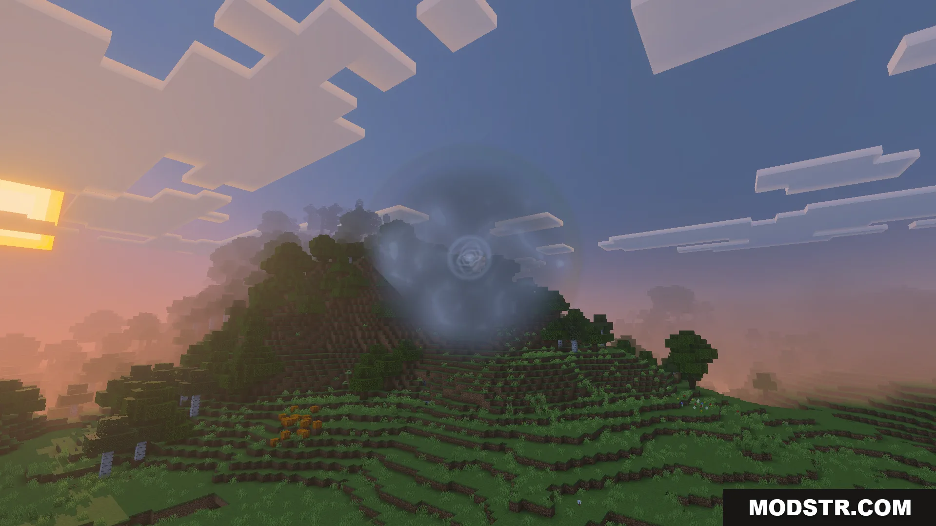 Howards Time Stop Addon Screenshot 6 A glowing sphere from a quantum bomb freezes the landscape at sunset