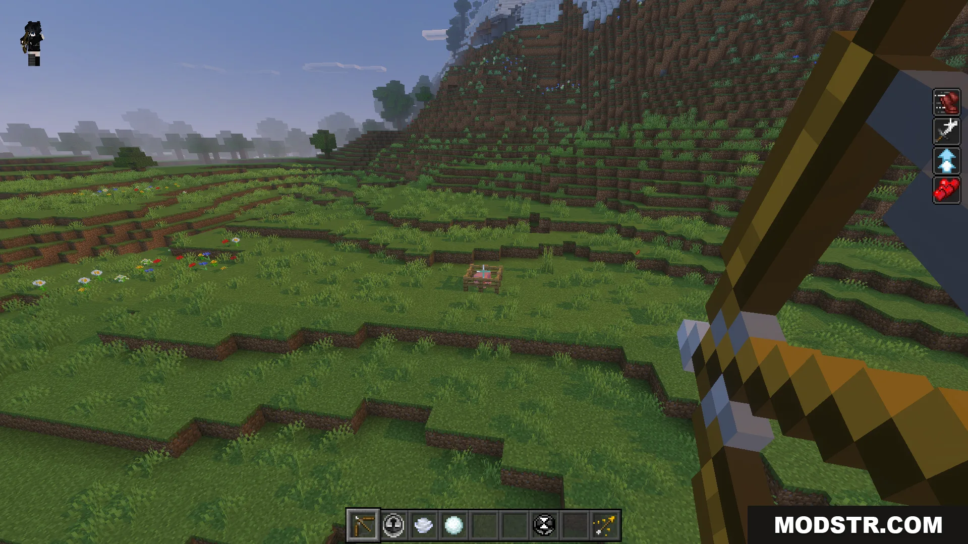 Howards Time Stop Addon Screenshot 4 Player holding a bow while looking at a structure in a field