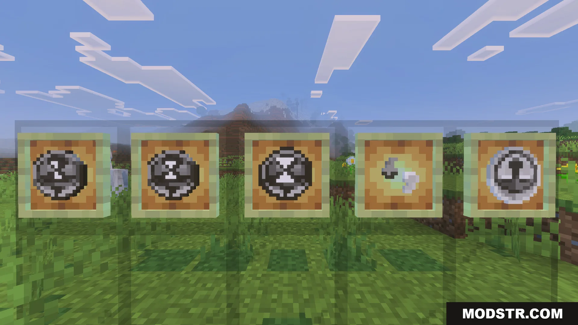 Howards Time Stop Addon Screenshot 2 Five item frames displaying various craftable clocks and quantum bombs in a field