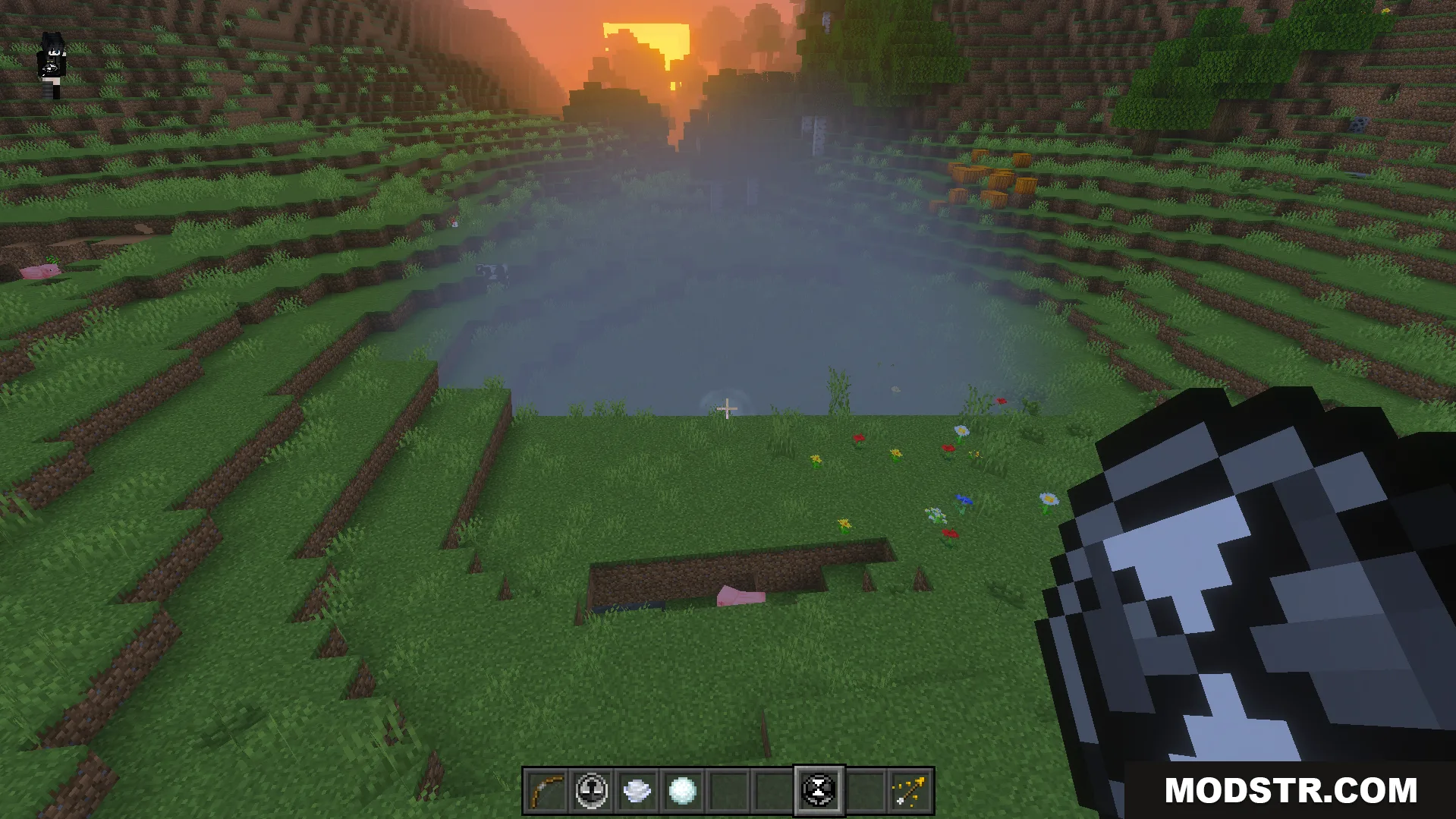 Howards Time Stop Addon Screenshot 7 Howards Time Stop Addon player holding a quantum bomb overlooking a large crater