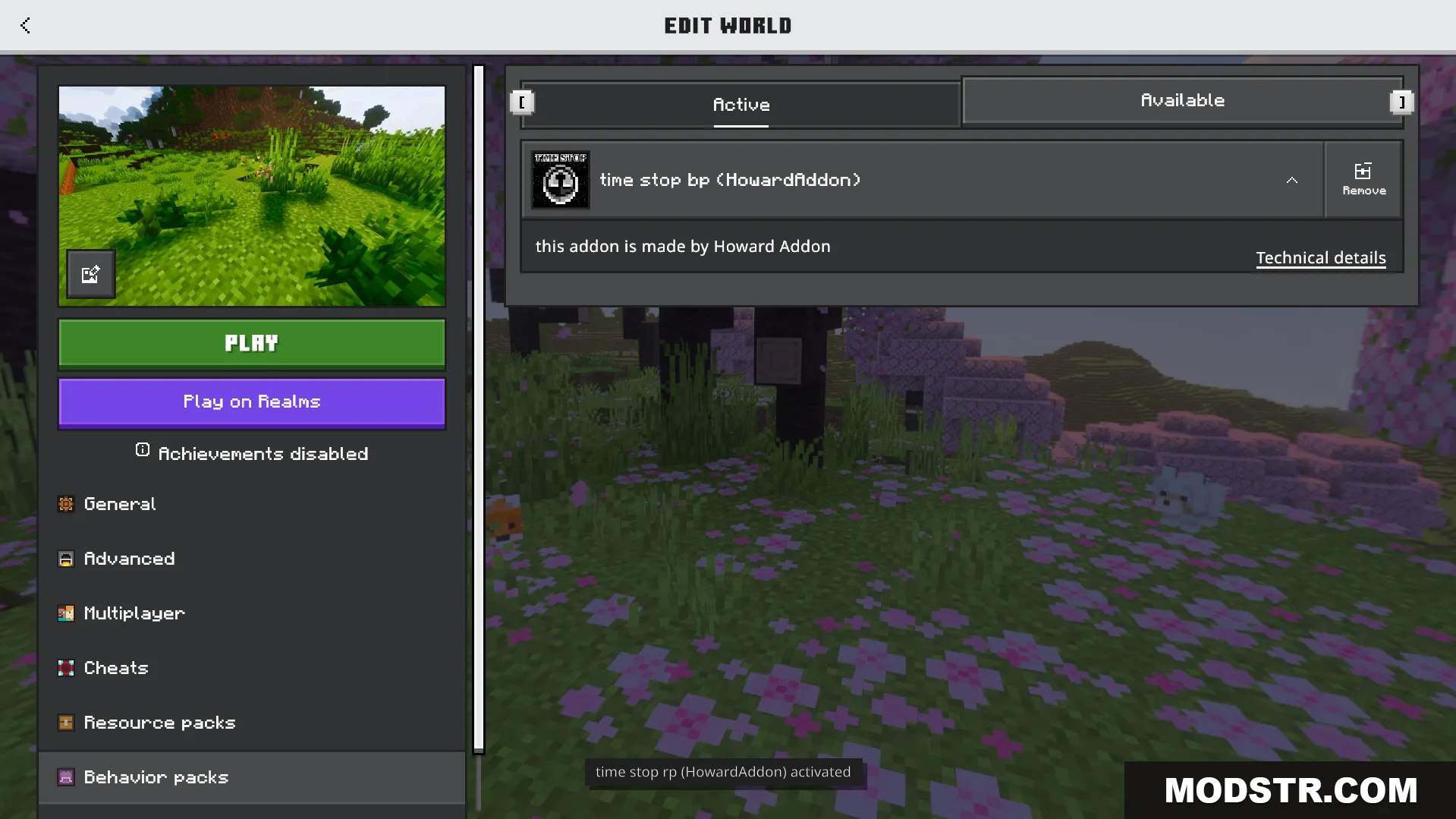 Howards Time Stop Addon Screenshot 1 Minecraft edit world screen showing the active time stop behavior pack addon