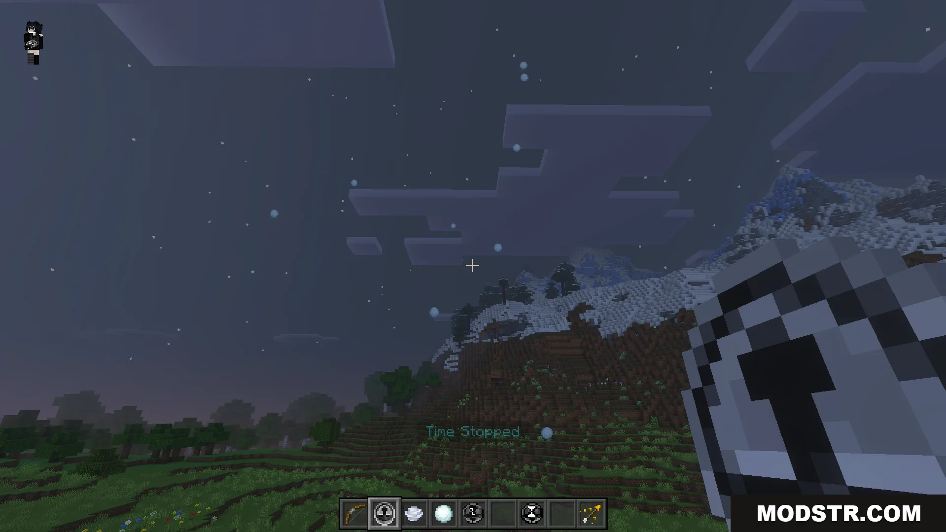 Howards Time Stop Addon Screenshot 10 Player holds a clock item while green text says Time Stopped on screen