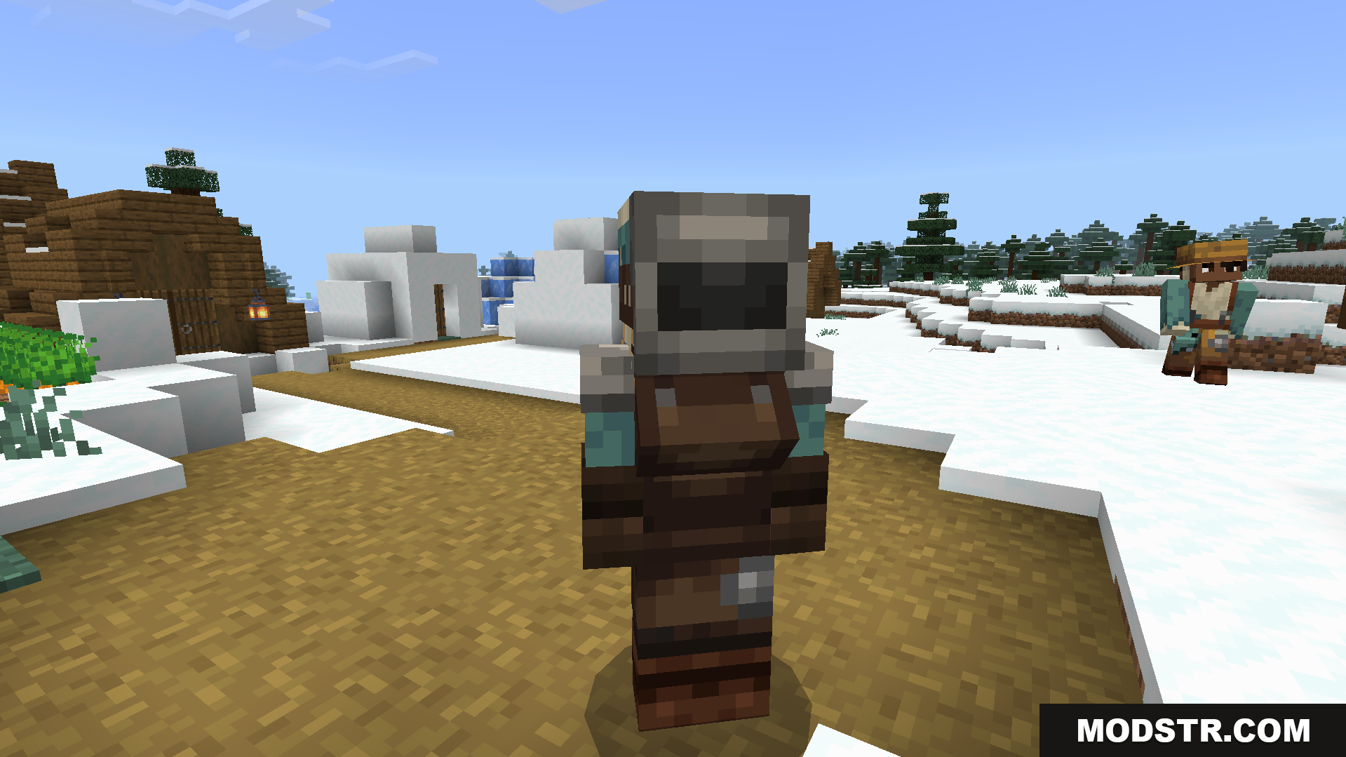 A human villager model wearing a unique helmet and apron