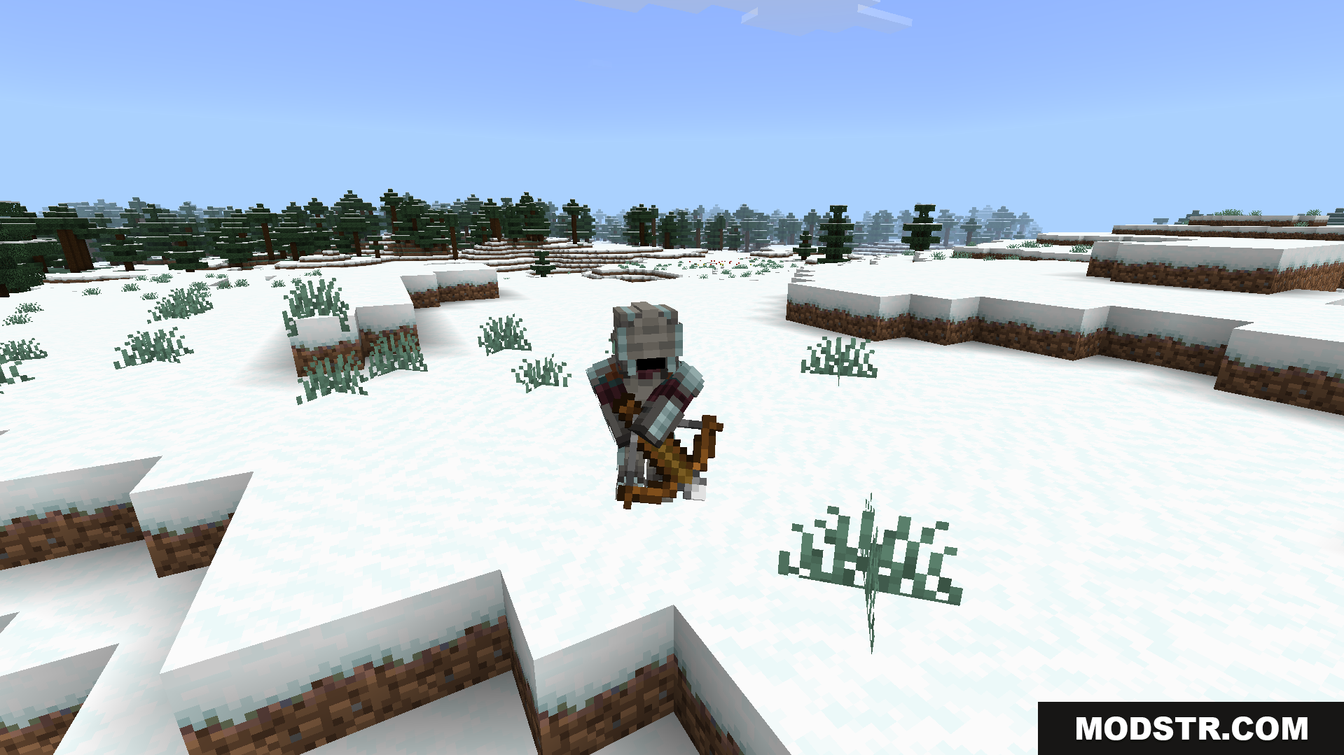 A masked illager soldier patrols a snowy taiga biome alone