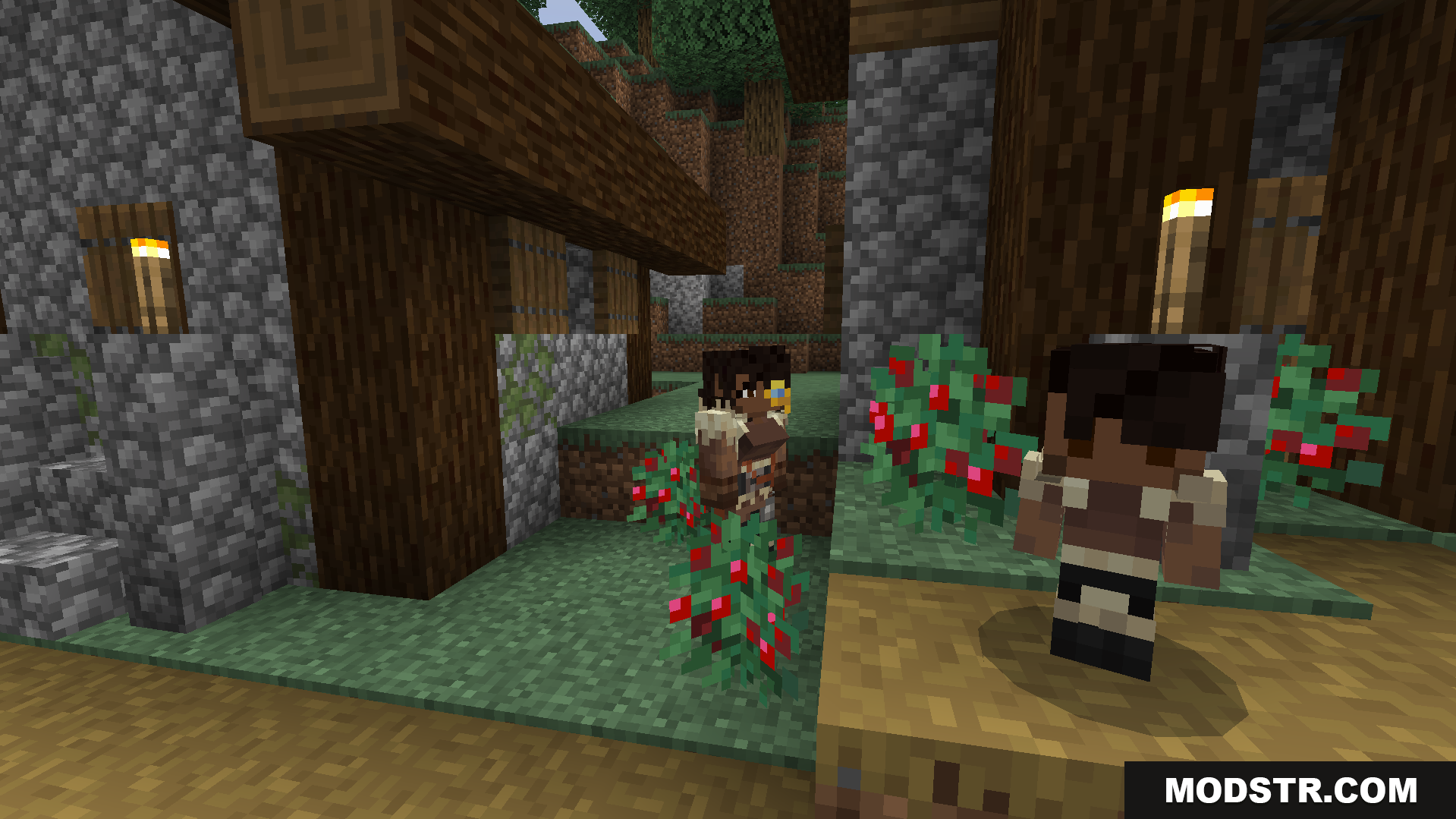 Human villagers with new player models wander through their village