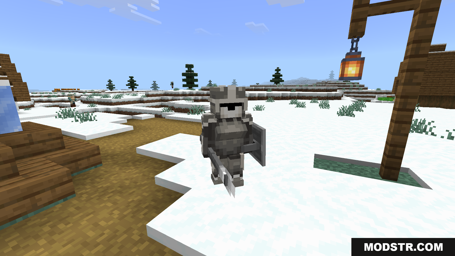 A medieval soldier iron golem stands guard in the snow