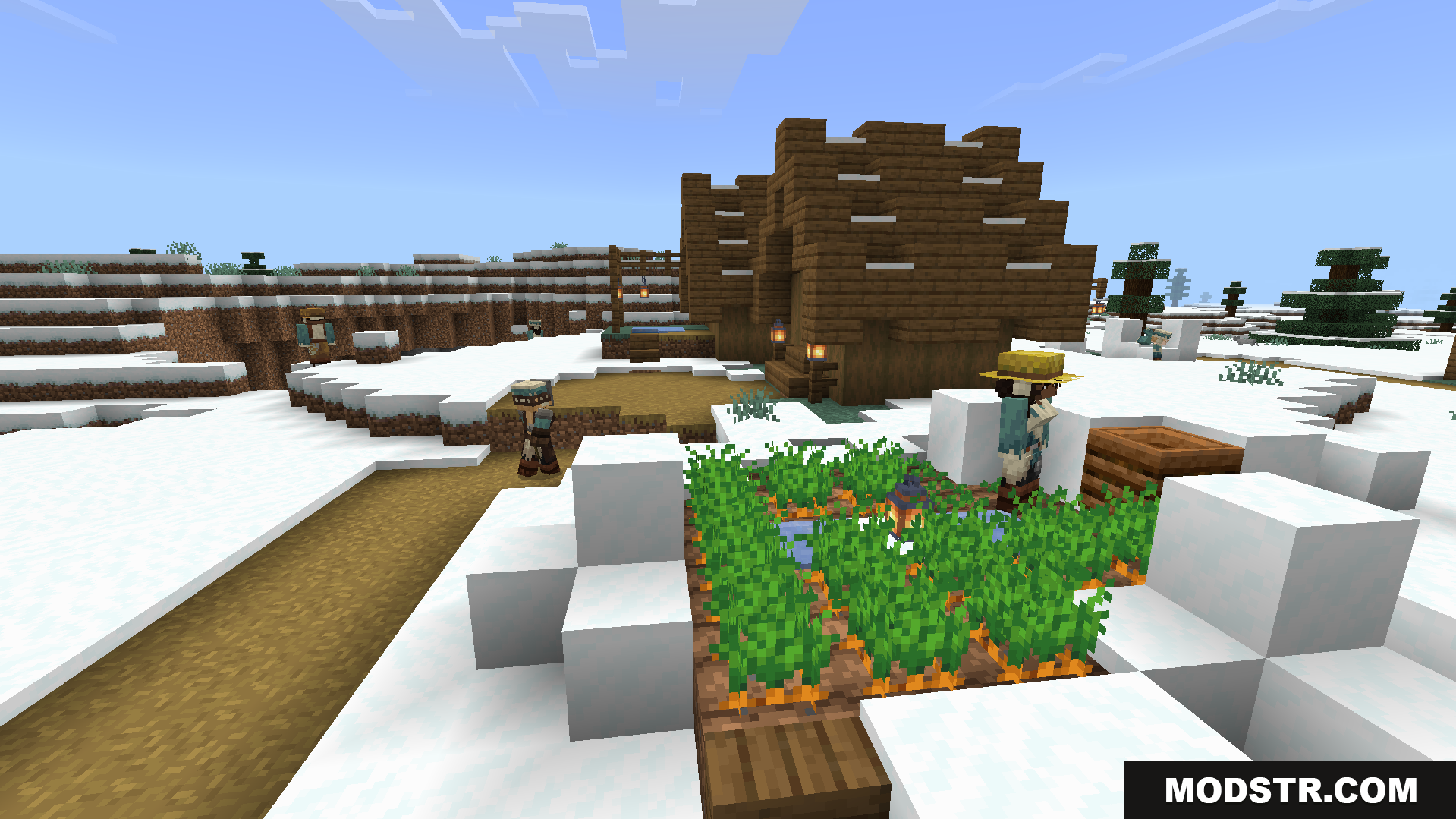 Human villagers with unique designs tend to their snowy village