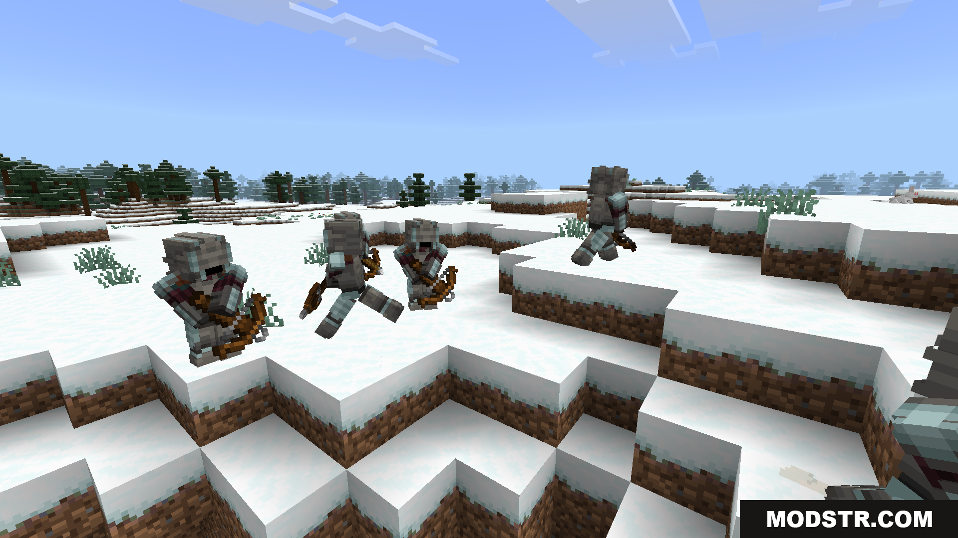 A group of masked illager soldiers with backpacks and crossbows