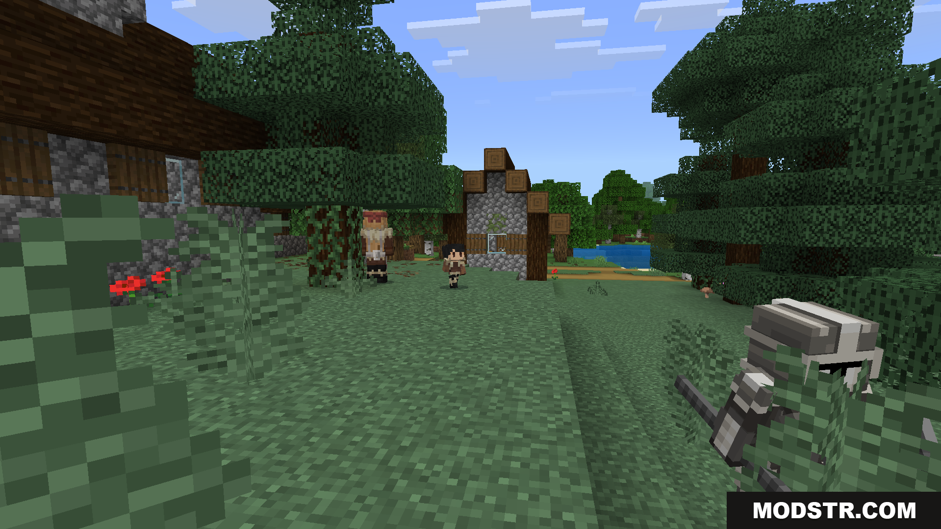A masked illager soldier observes human villagers in the woods