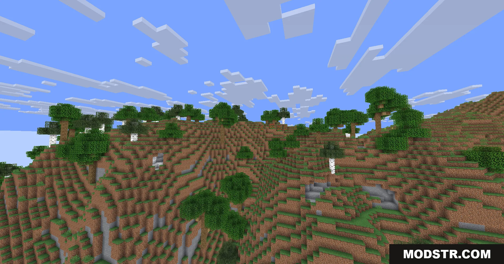 Hyperopia Shaders Screenshot 3 Minecraft landscape with blurry foreground birch trees and sharp distant hills and sky