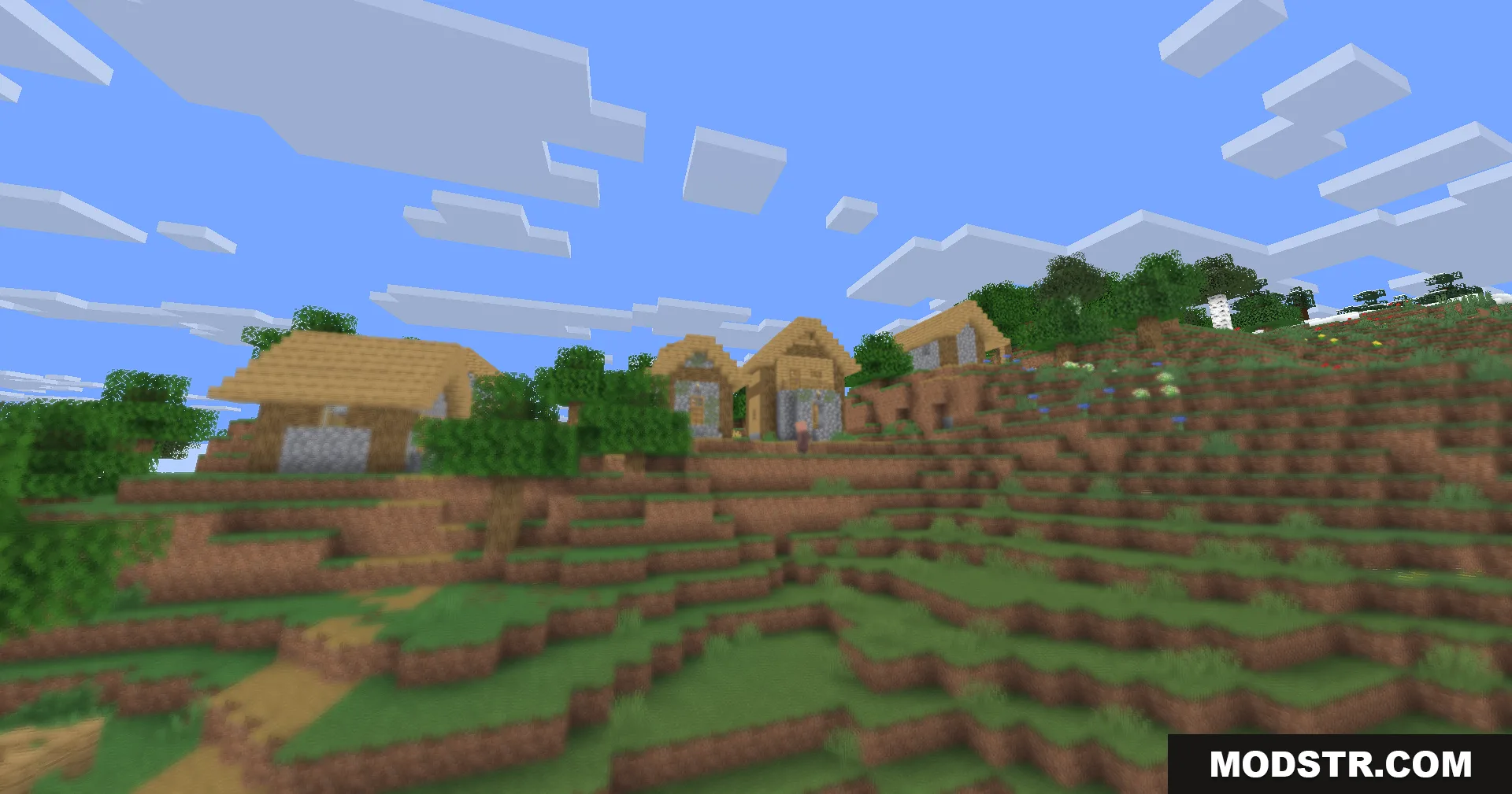 Hyperopia Shaders Screenshot 6 A hillside village with wooden houses and a soft blurry foreground area