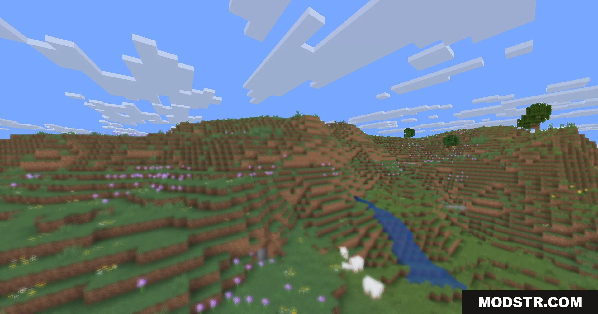 Hyperopia Shaders Screenshot 4 Blurry foreground allium flowers and grass with sharp distant hills and white sheep