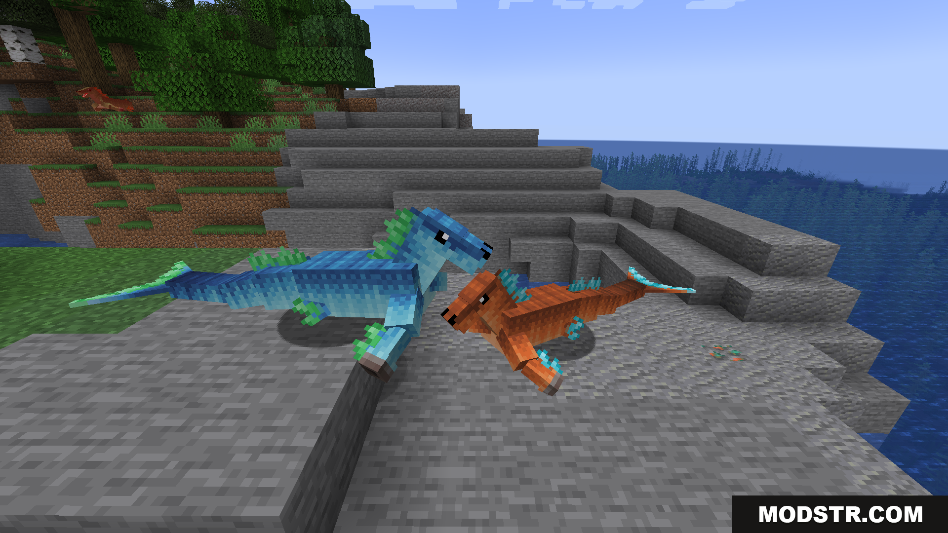 Two colorful hippocampus creatures resting on a rocky shore